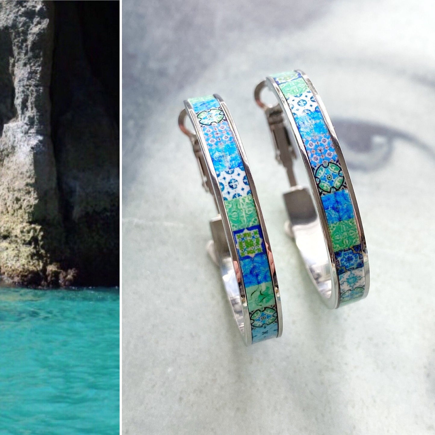 Hoops Earrings Atrio Hoop Tile Portugal Stainless Steel Antique Azulejo - 1.25" Green Turquoise Tiles Ships from USA Hypo allergenic Outer