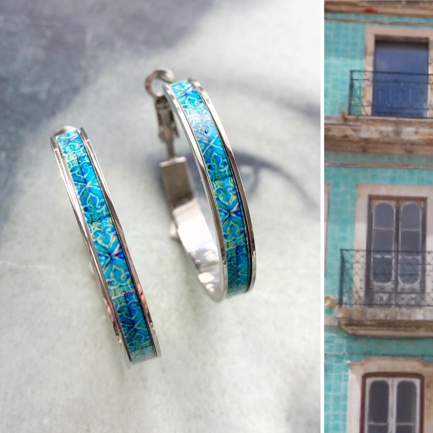 Hoop Earrings Atrio Portugal Tile Turquoise Azulejo Caldas da Rainha Persian Tiles Gift Boxed SOLID Stainless Steel Hypo Allergenic 1.25"
