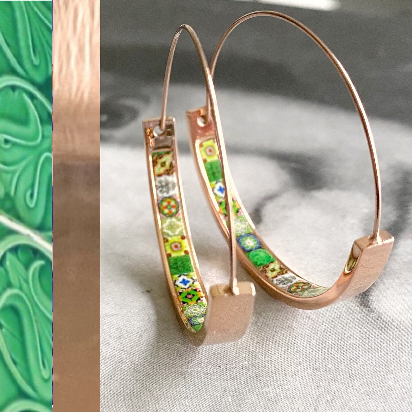 Hoops Earrings Hoop Atrio Tile Green Azulejo Portugal STAINLESS STEEL Pinterest Delicate 1.5" Ships from USA Rose Gold