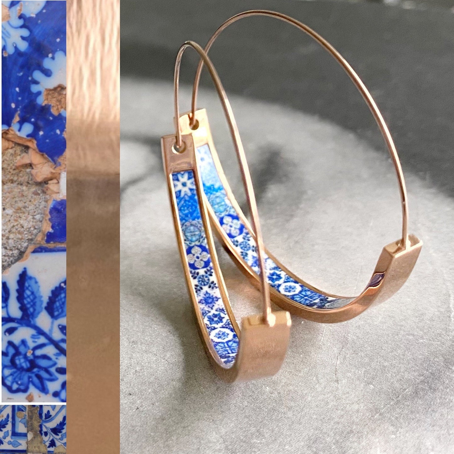 Hoops Earrings Hoop Atrio Tile Blue Azulejo Portugal STAINLESS STEEL Pinterest Delicate 1.50" Ships from USA Rose Gold