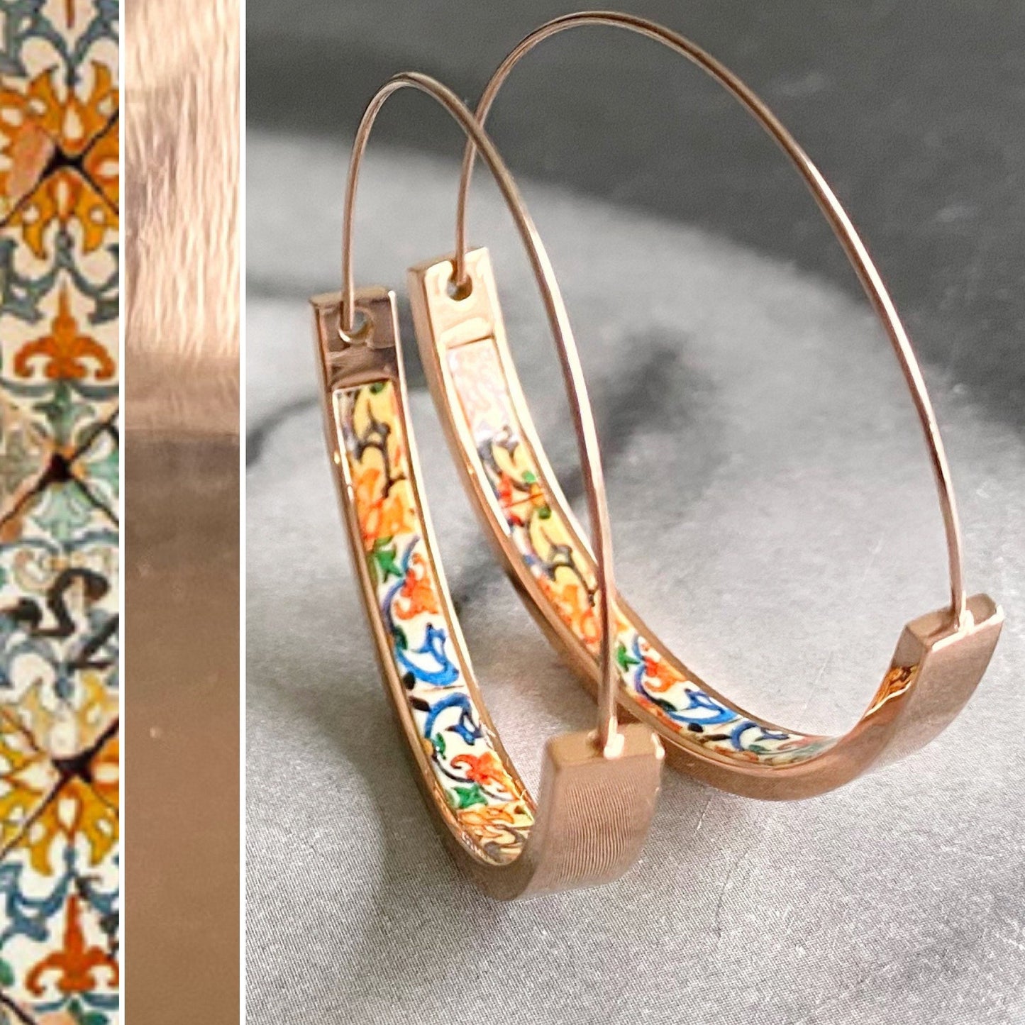 HOOP Earrings ATRIO Portugal Tile Antique Azulejo Pinterest CoIMBRA 1590 - Stainless Steel 1.50” Gift Box Included Ships from USA Rose Gold