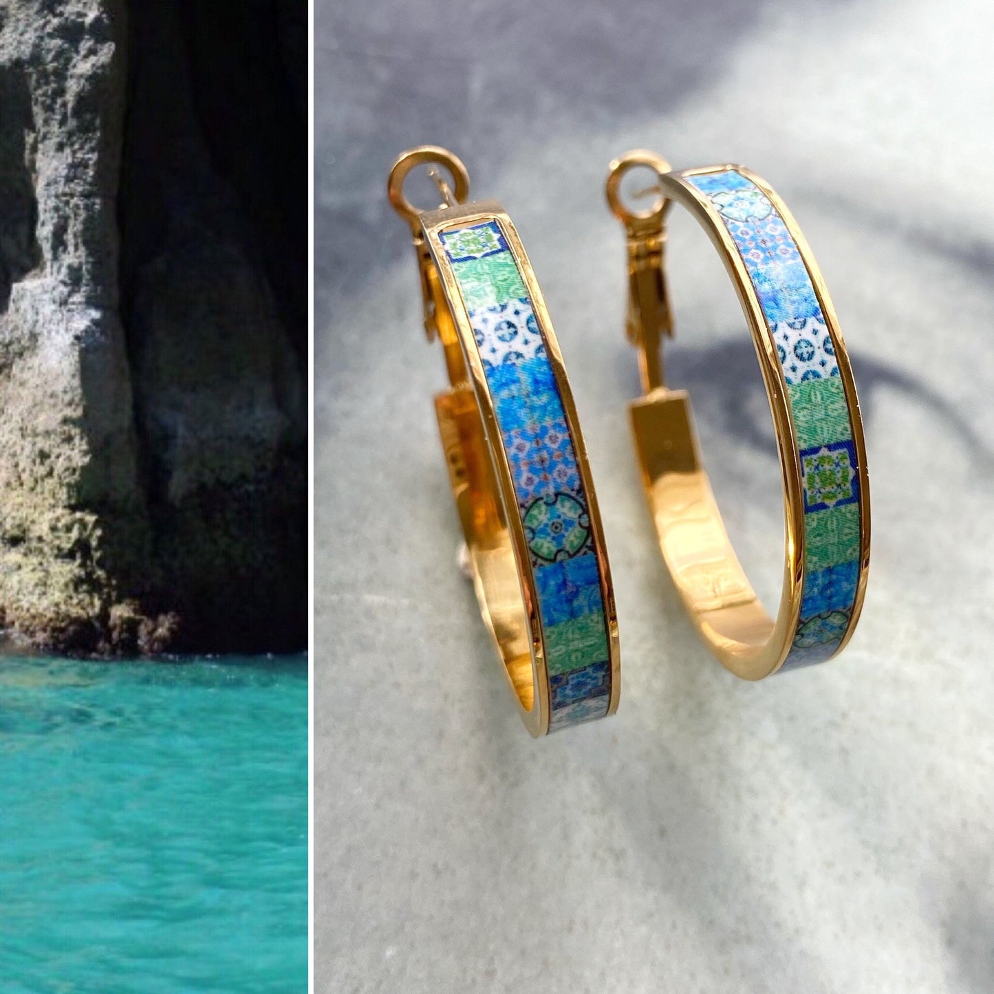 Hoops Earrings Atrio Hoop Tile Portugal Stainless Steel Antique Azulejo - 1.25" Green Turquoise Tiles Ships from USA Hypo allergenic Outer