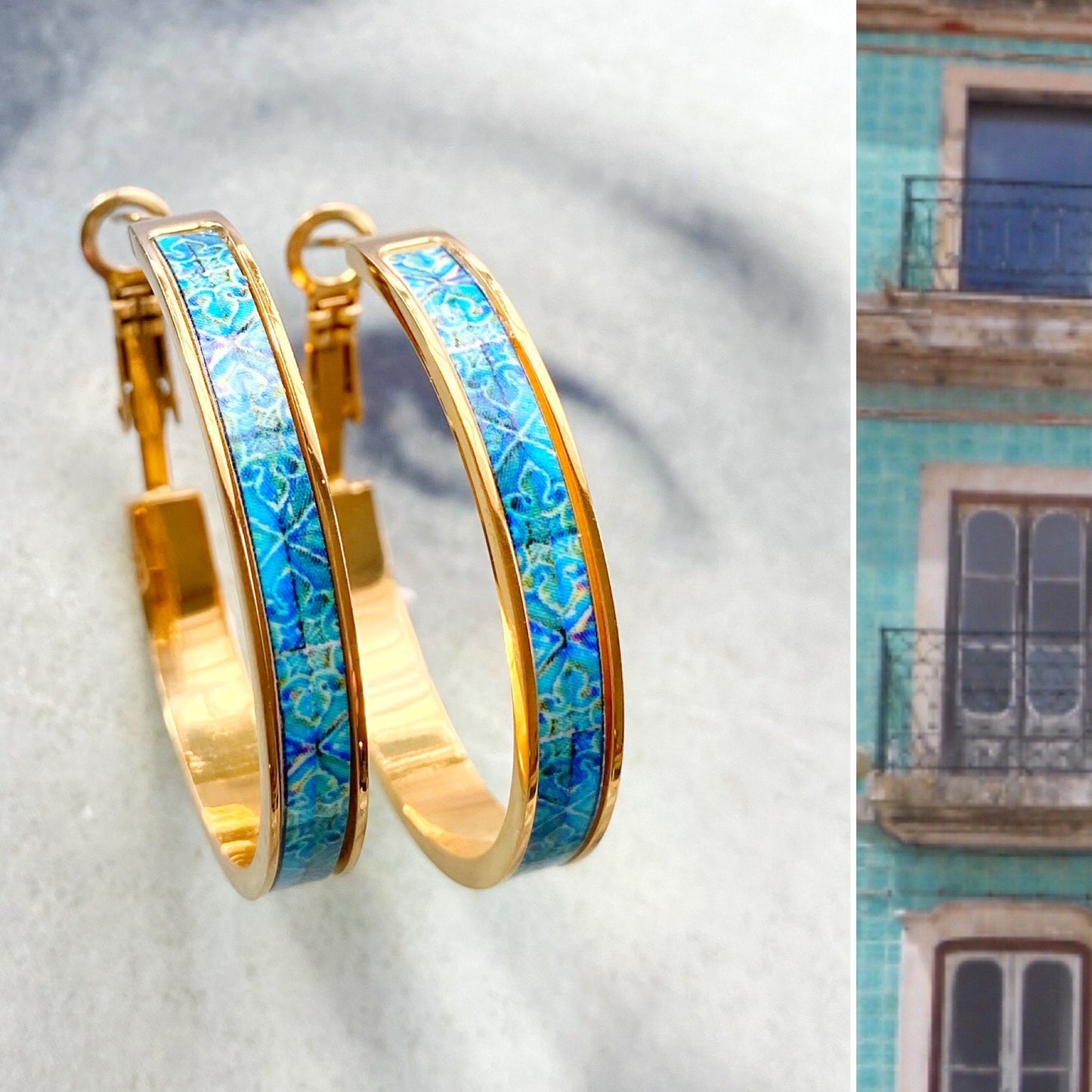 Hoop Earrings Atrio Portugal Tile Turquoise Azulejo Caldas da Rainha Persian Tiles Gift Boxed SOLID Stainless Steel Hypo Allergenic 1.25"