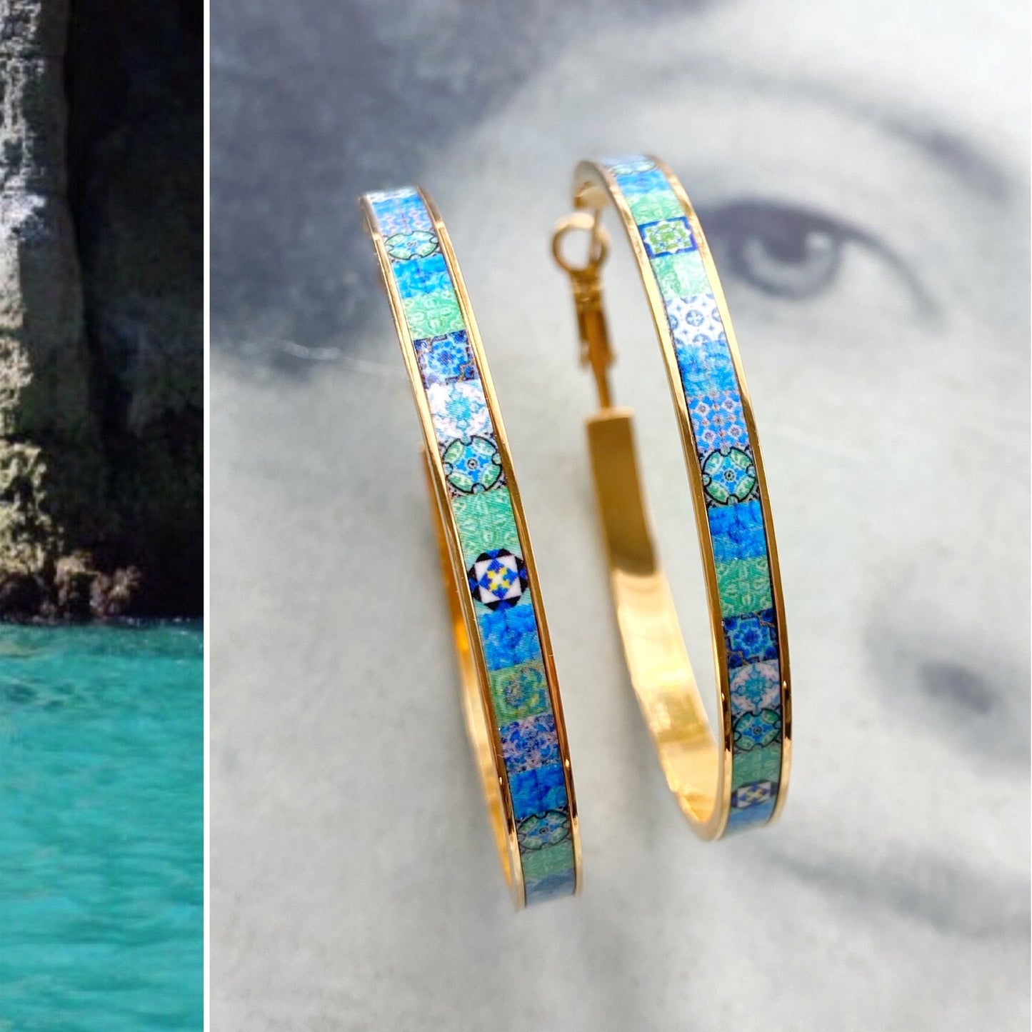 Hoops Earrings Atrio Hoop Tile Portugal Stainless Steel Antique Azulejo - 2" Green Turquoise Tiles Ships from USA Hypo allergenic Outer