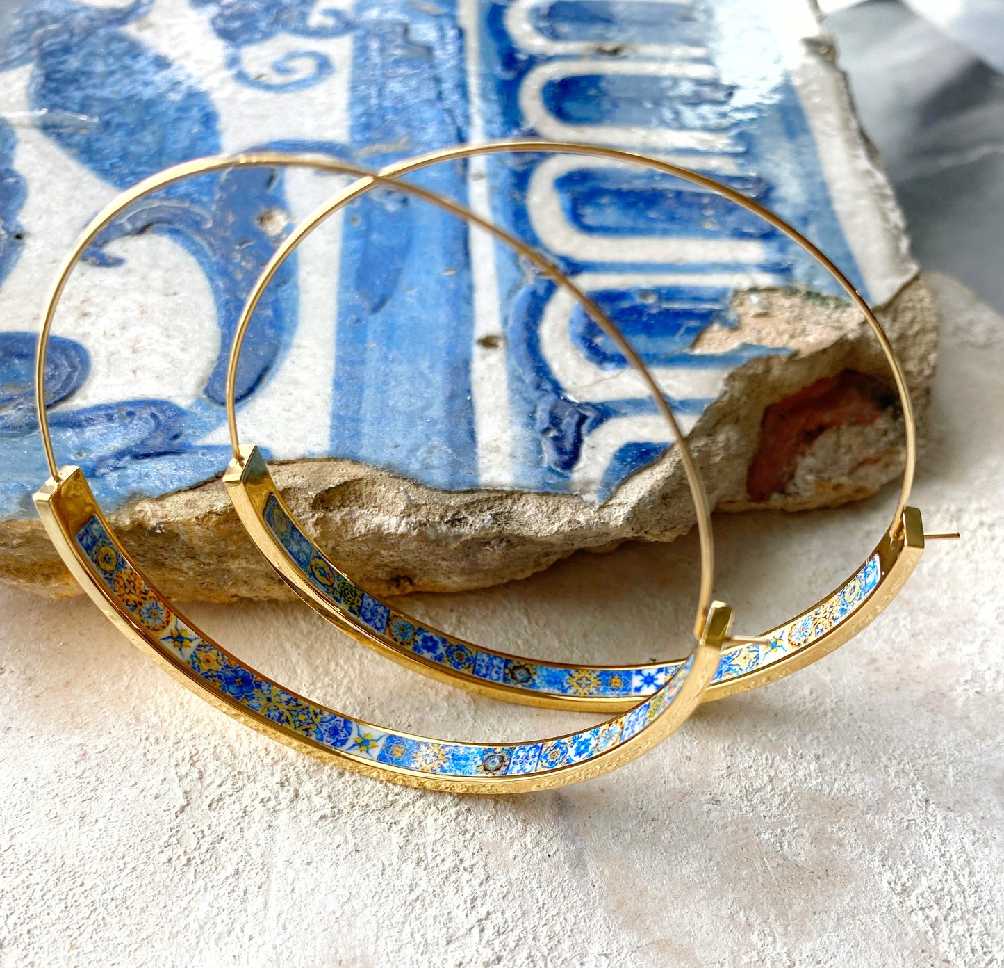 Hoops Atrio Earrings Tile STAINLESS STEEL Portugal Antique Azulejo Wire Flat Bottom Blue Gold Tiles Lightweight - 2" Gold Tone