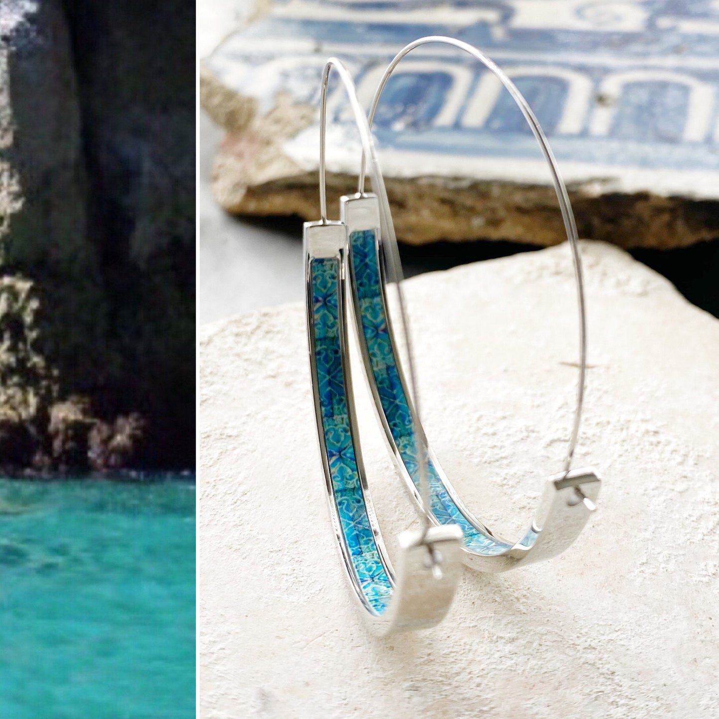 Atrio Flat Bottom Hoop Earrings Atrio Portugal Tile Turquoise Azulejo Caldas da Rainha Persian Silver Stainless Steel Hypo Allergenic 2"