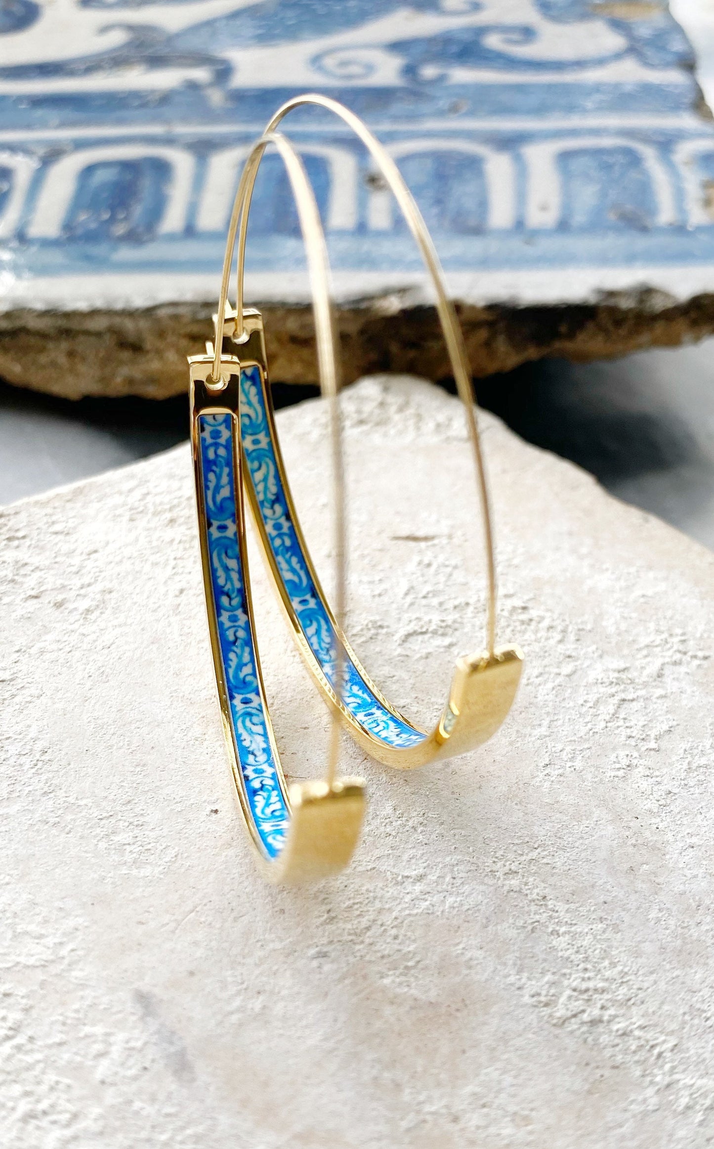 Hoops Atrio Earrings Tile Portugal Antique Azulejo STAINLESS STEEL Wire Flat Bottom Lightweight 2" Rose, Silver or Gold Tone Ships from USA