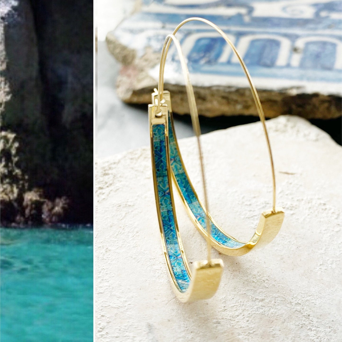 Atrio Flat Bottom Hoop Earrings Atrio Portugal Tile Turquoise Azulejo Caldas da Rainha Persian Gold Stainless Steel Hypo Allergenic 2"