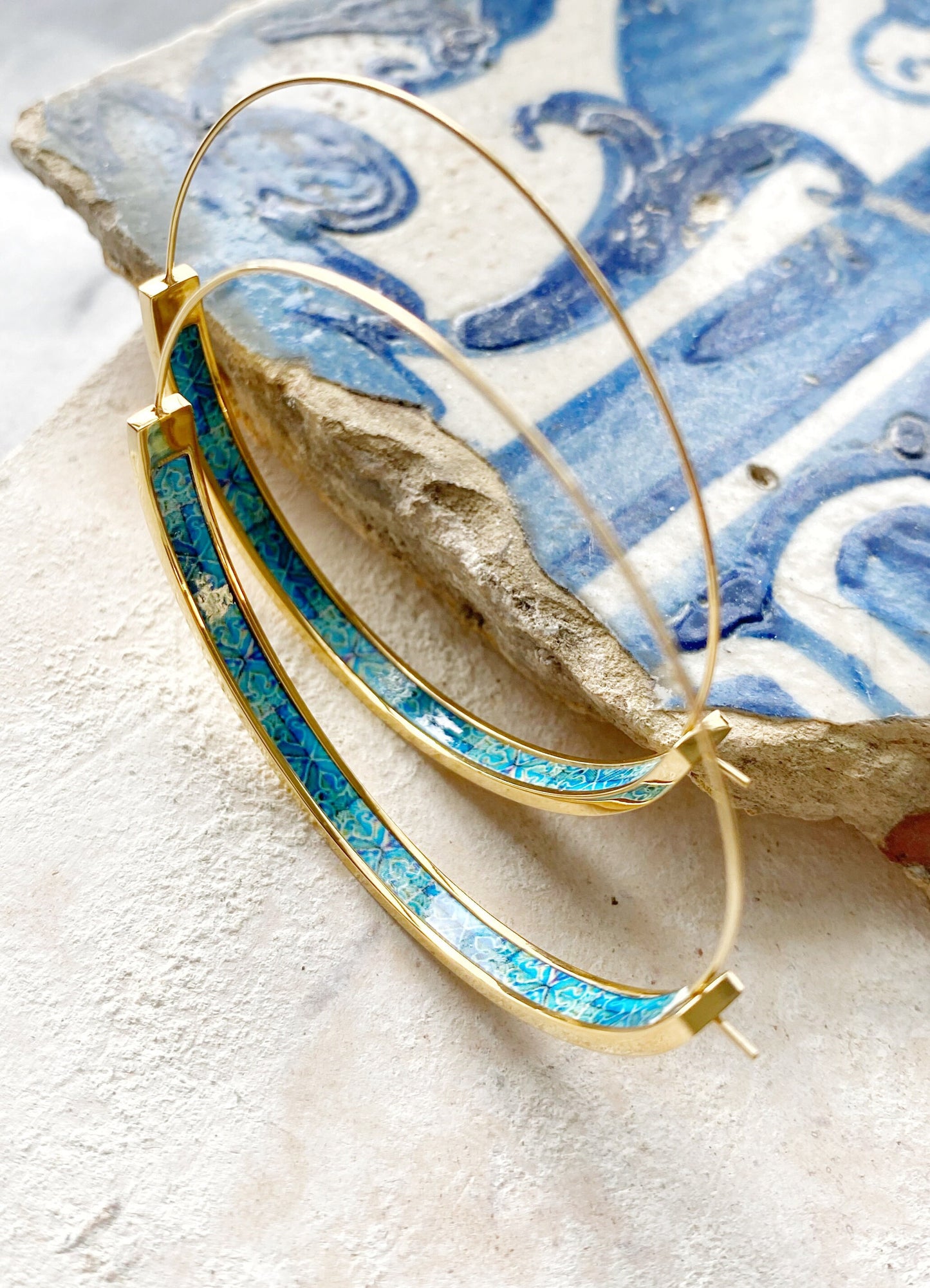 Atrio Flat Bottom Hoop Earrings Atrio Portugal Tile Turquoise Azulejo Caldas da Rainha Persian Gold Stainless Steel Hypo Allergenic 2"