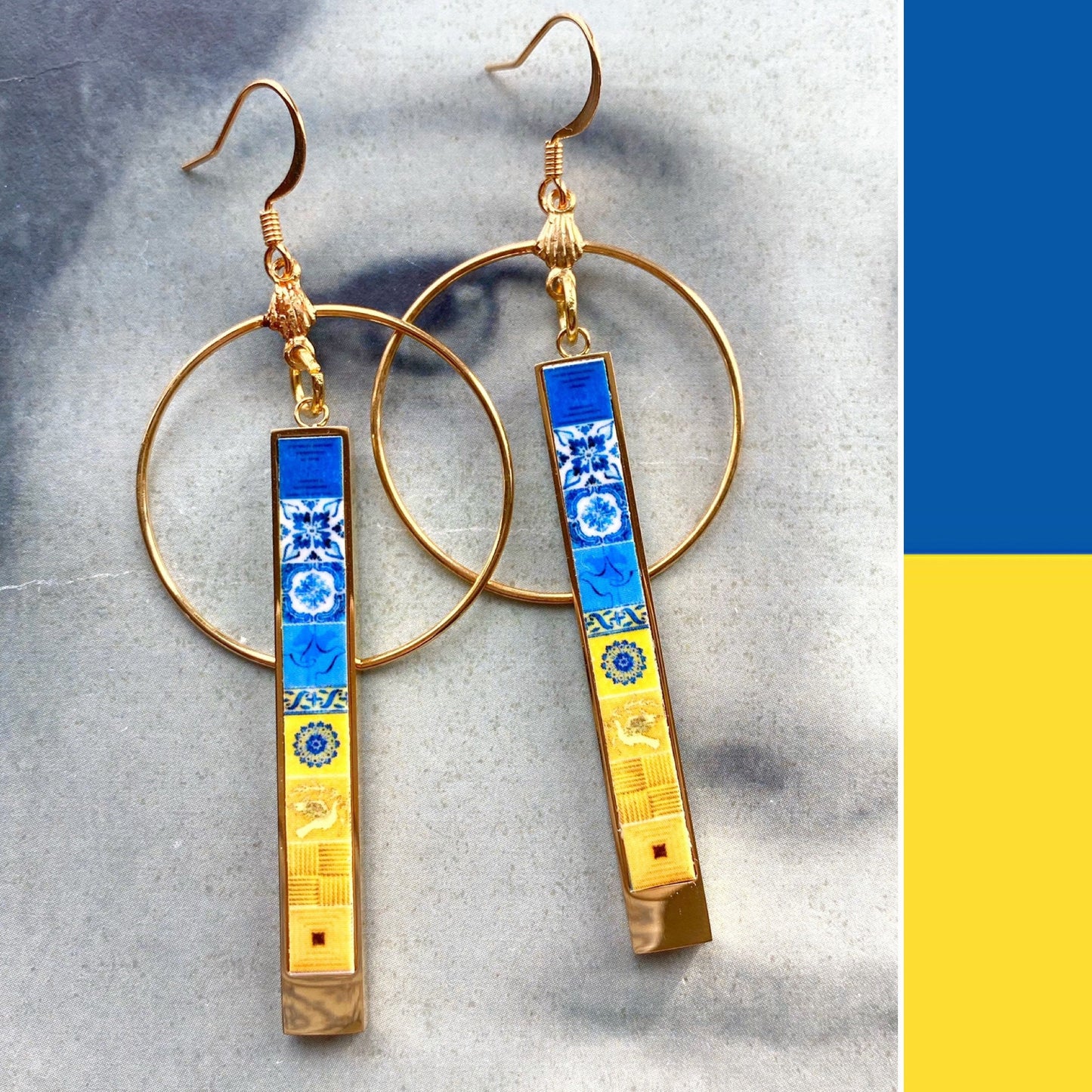 Atrio Earrings UKRAINE Portuguese Tiles Blue Yellow Antique Peace Doves -