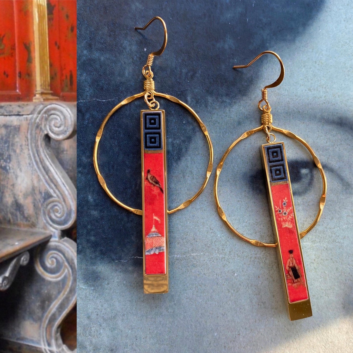 Earrings Atrio Chinoiserie Circle Bar Asian Red Frescoes Portugal Aveiro Convent Porcelain China Vintage Brass Hoops Hammered