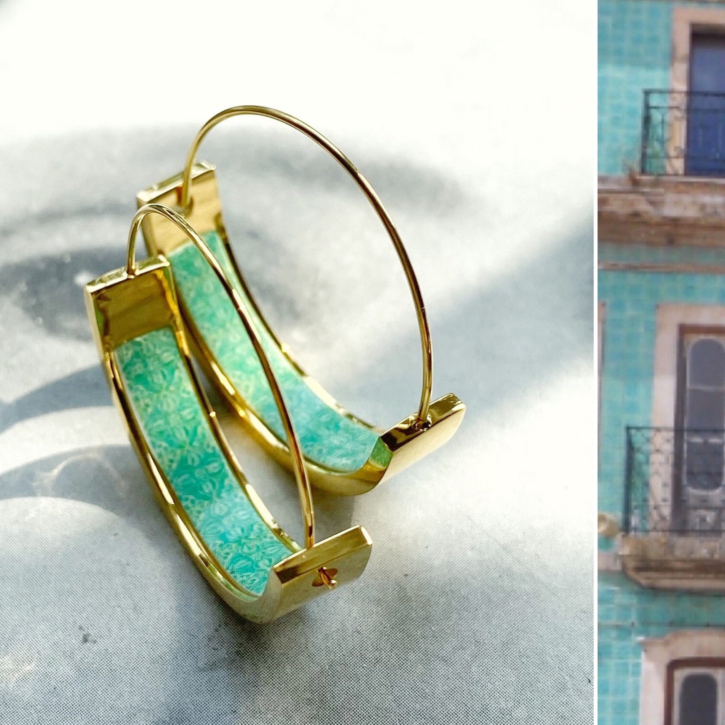 Atrio Small Hoop Earrings Portugal Tile Turquoise Azulejo Caldas da Rainha Tiles Gift Boxed SOLID Stainless Steel Hypo Allergenic 1"