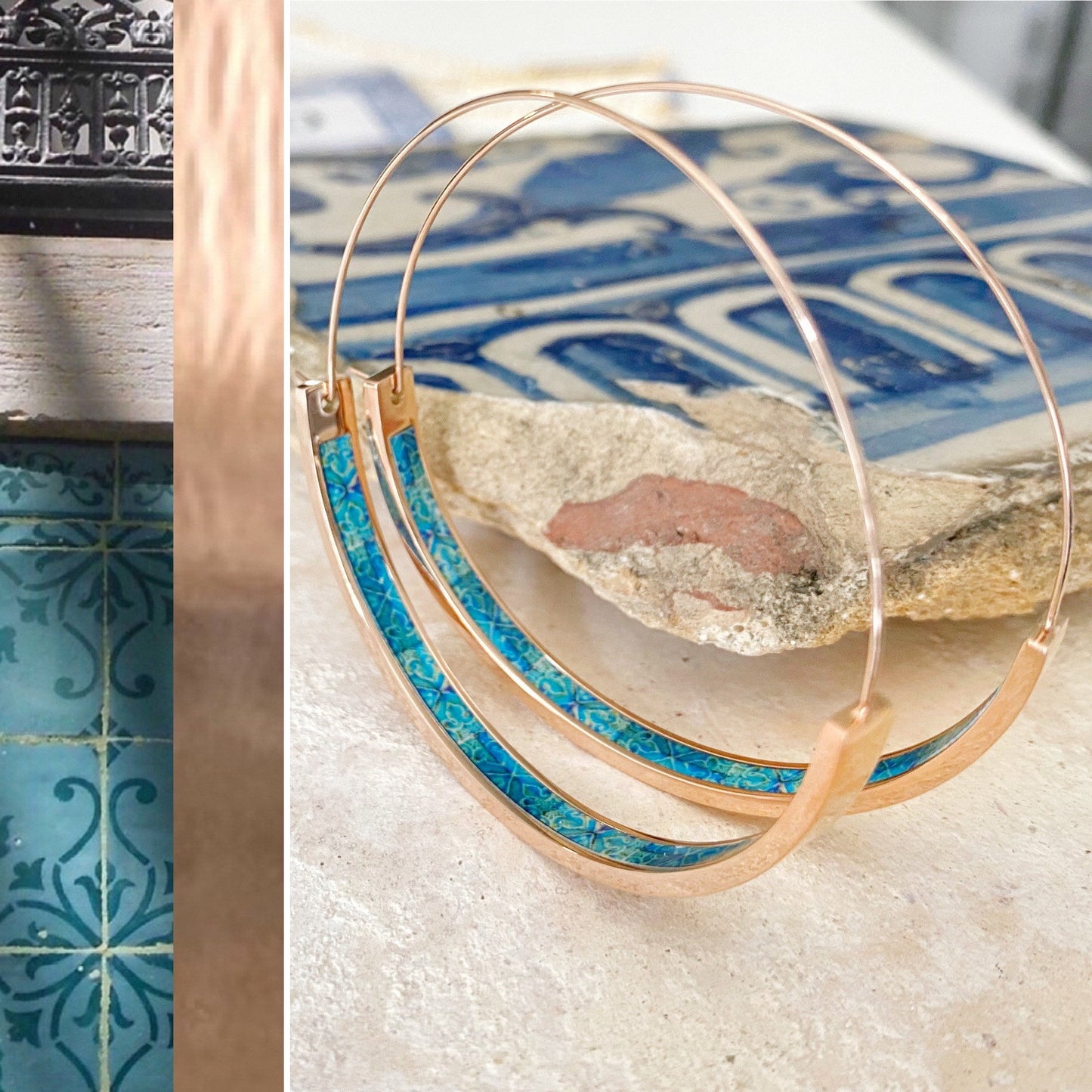 Atrio Flat Bottom Hoop Earrings Atrio Portugal Tile Turquoise Azulejo Caldas da Rainha Persian Rose Gold Stainless Steel Hypo Allergenic 2"