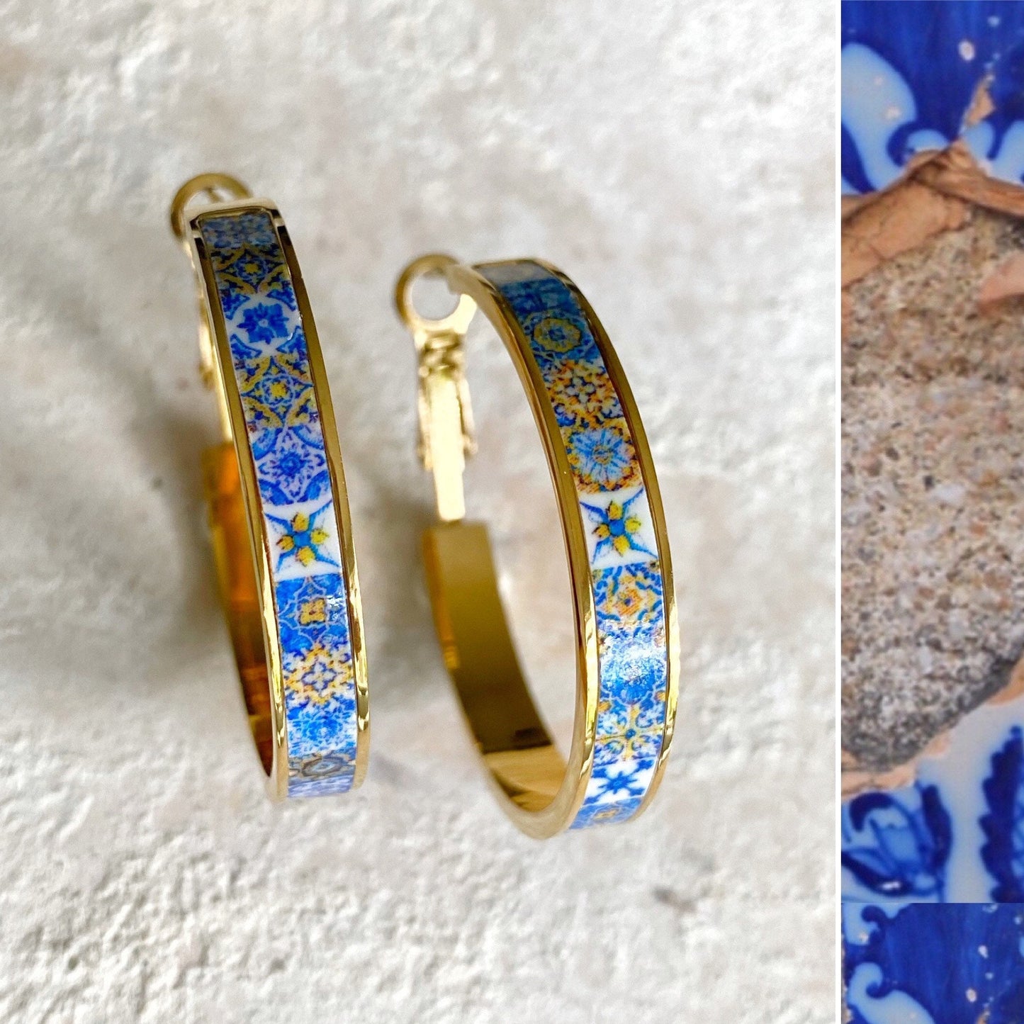 Atrio Hoops Earrings Tile Portugal Blue Gold Stainless Steel Azulejo Blue Gold 16 - 17th Century Tiles USA Shipping Gold Tone 1.25"