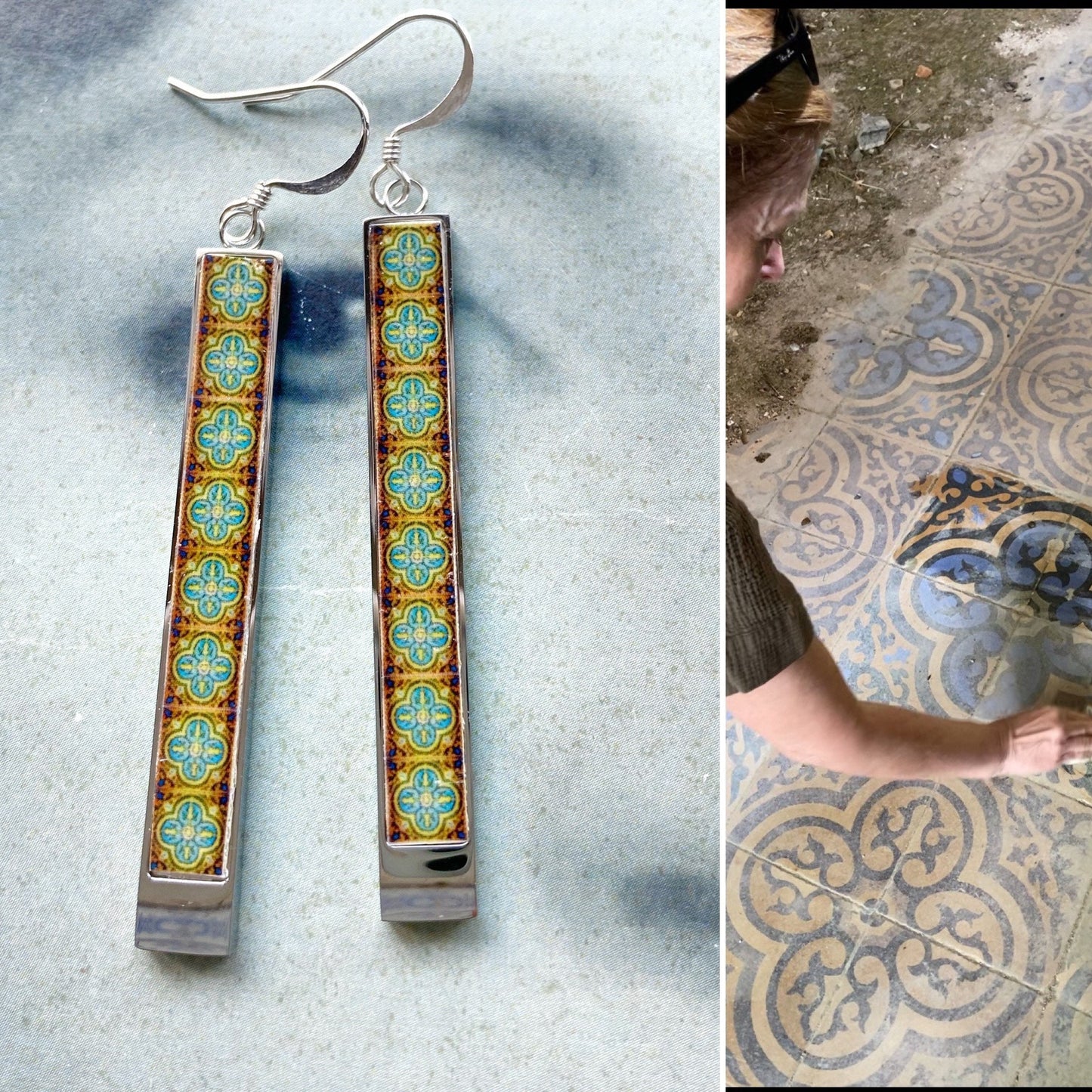 Atrio Earrings Matchstick Portugal Vidago Abandoned Hotel Floor Tiles Hotel Salus Hotel do Golfe built in 1918 Stainless Steel - SEE VIDEO