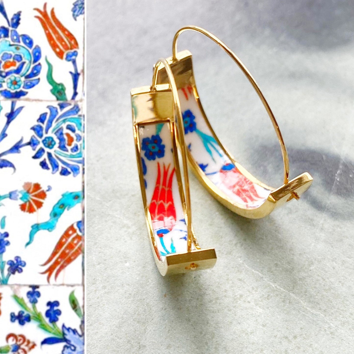 Atrio Hoops Earrings PERSIAN Arab Turkish İznik Pottery Ottoman Islamic Tulip - USA Shipping 1" Stainless Steel with Gold wash