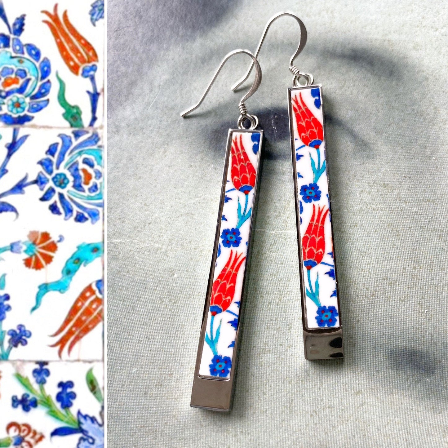 Atrio Bar Earrings PERSIAN Arab Turkish Iznik Pottery Ottoman Islamic Tulip Matchstick Earrings USA Shipping 2" Stainless Steel REVERSIBLE