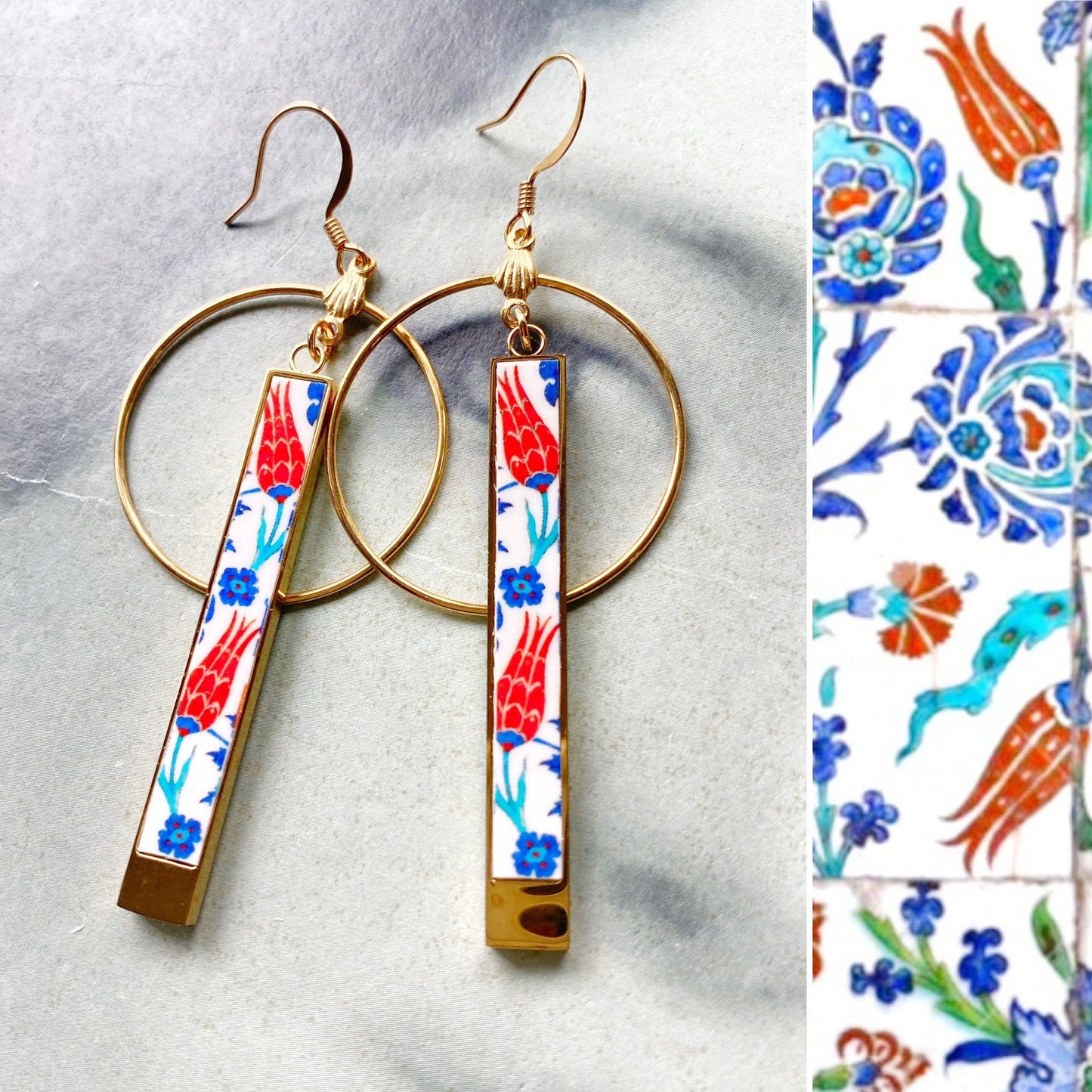 Atrio Bar Earrings Circle Tulip PERSIAN Arab Turkish Iznik Pottery Ottoman Islamic Tulip USA Shipping 2" Stainless Steel REVERSIBLE