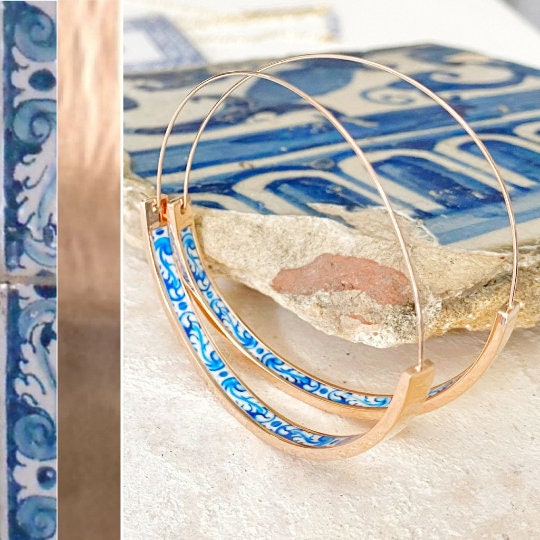 Hoops Atrio Earrings Tile STAINLESS STEEL Portugal Antique Azulejo Wire Flat Bottom University of Evora - Lightweight - 2" Rose Gold