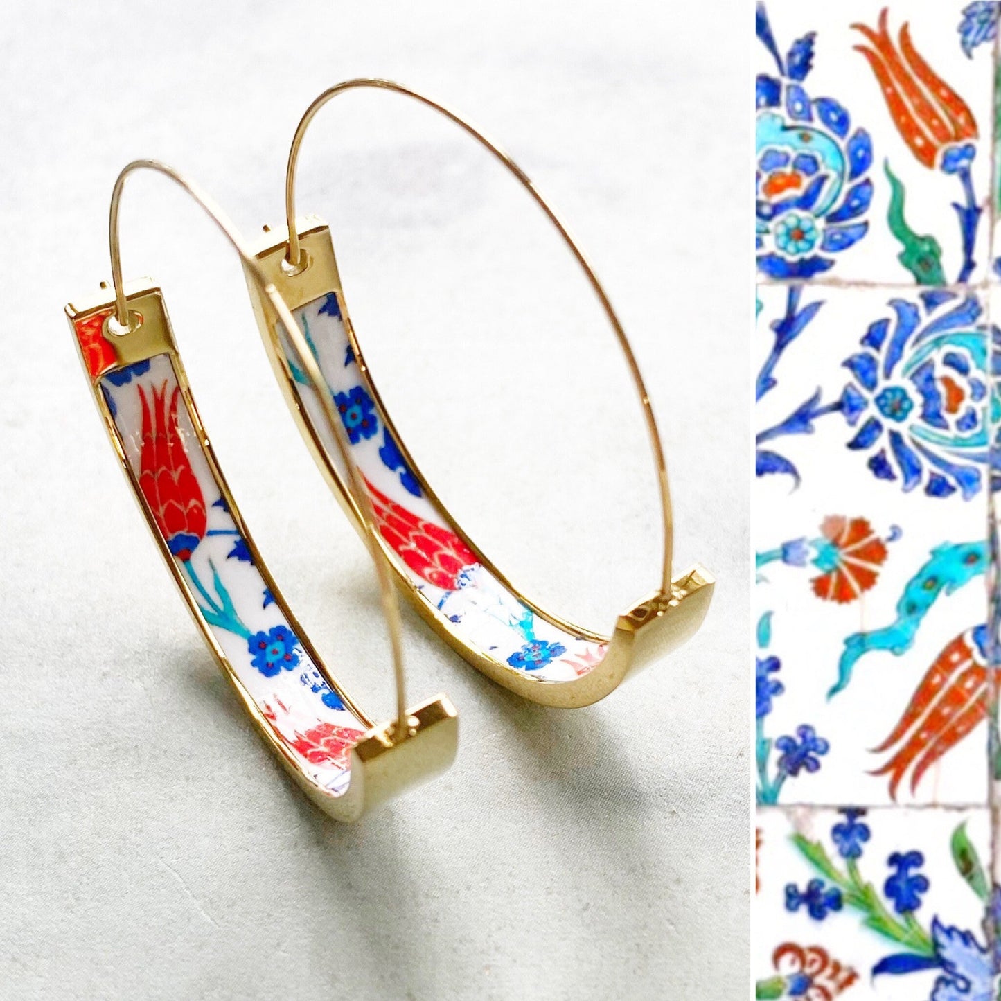Atrio Hoops Earrings PERSIAN Arab Turkish İznik Pottery Ottoman Islamic Tulip - USA Shipping 1.50" Stainless Steel with Gold wash