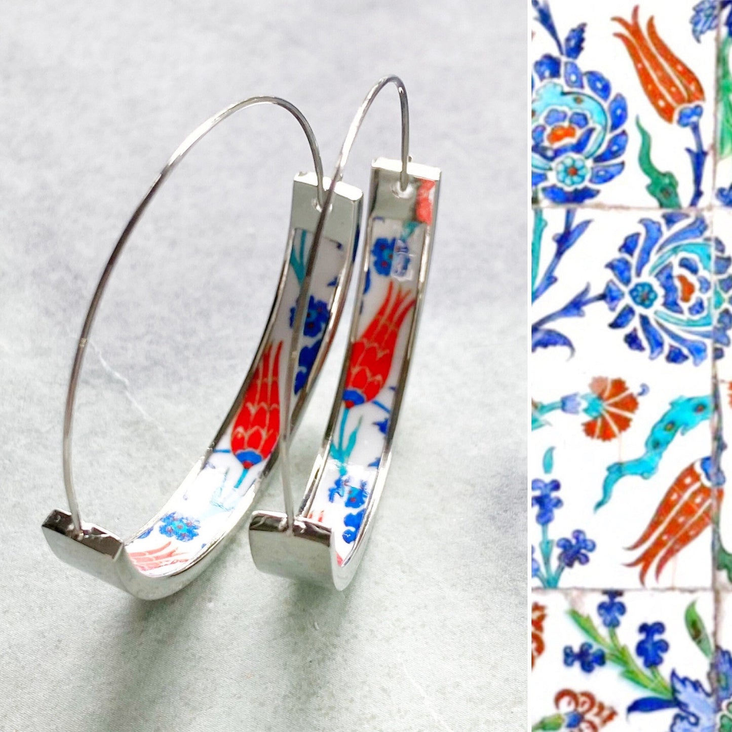 Atrio Hoops Earrings PERSIAN Arab Turkish Iznik Pottery Ottoman Islamic Tulip - USA Shipping 1.50" Stainless Steel