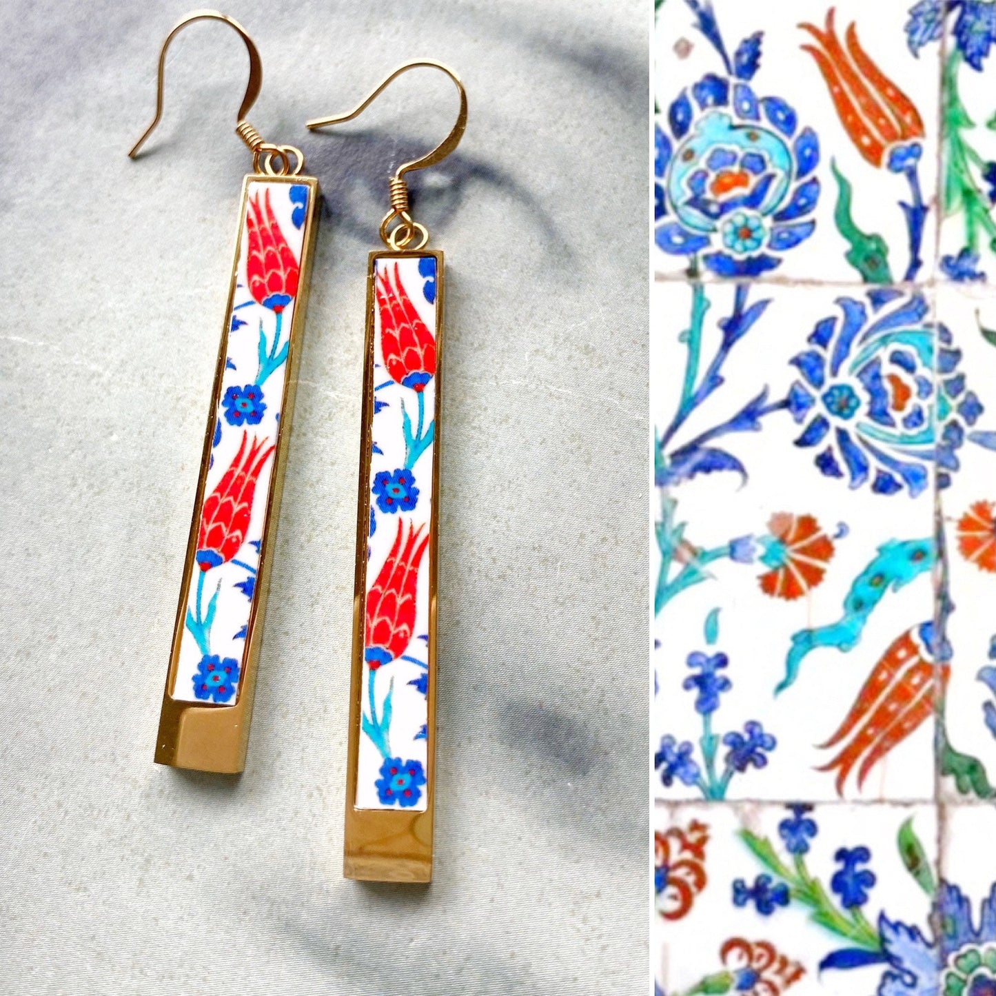 Atrio Bar Earrings PERSIAN Arab Turkish Iznik Pottery Ottoman Islamic Tulip Matchstick Earrings USA Shipping Stainless Steel REVERSIBLE