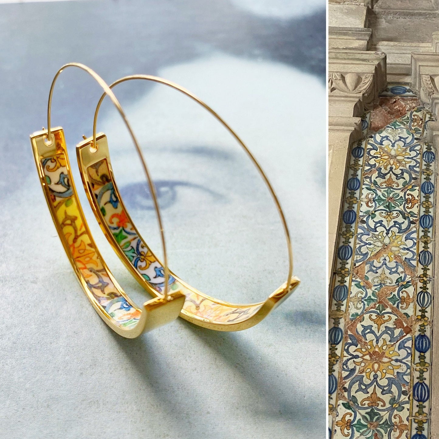 HOOP Earrings ATRIO Portugal Tile Antique Azulejo Pinterest CoIMBRA 1590 - Stainless Steel 1.75" Gift Box Included - Ships from USA