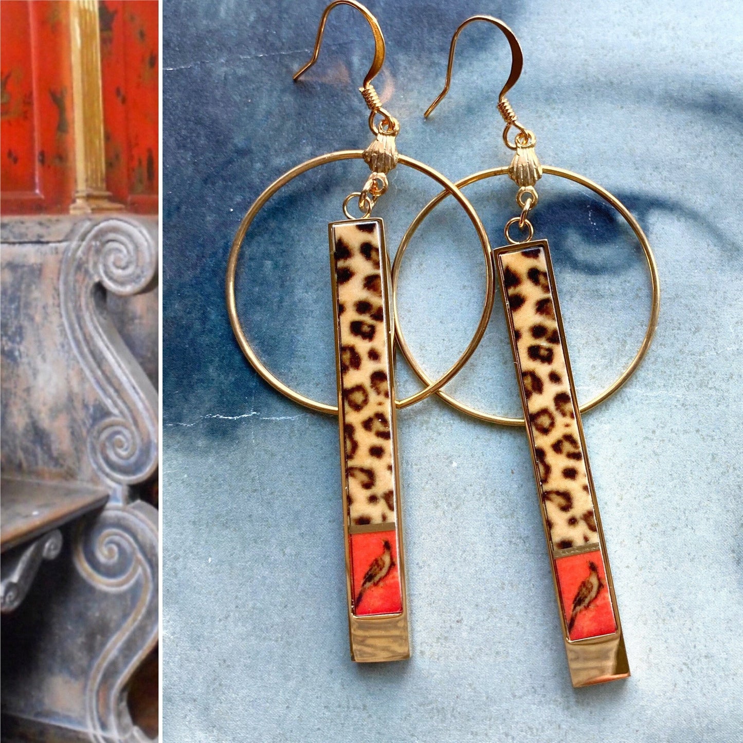 Earrings Atrio Leopard Chinoiserie Circle Bar Asian Red Frescoes Portugal Aveiro Convent Porcelain China Vintage Brass Hoops