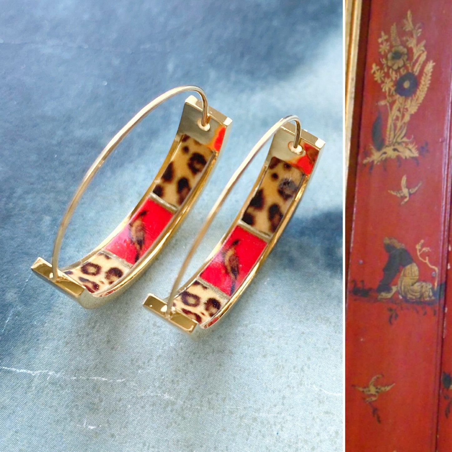 Atrio Hoop Earrings Leopard Chinoiserie Asian Red Fresco Bird Portugal Aveiro Convent Safari Gold Tone Stainless Steel Flat bottom 1"