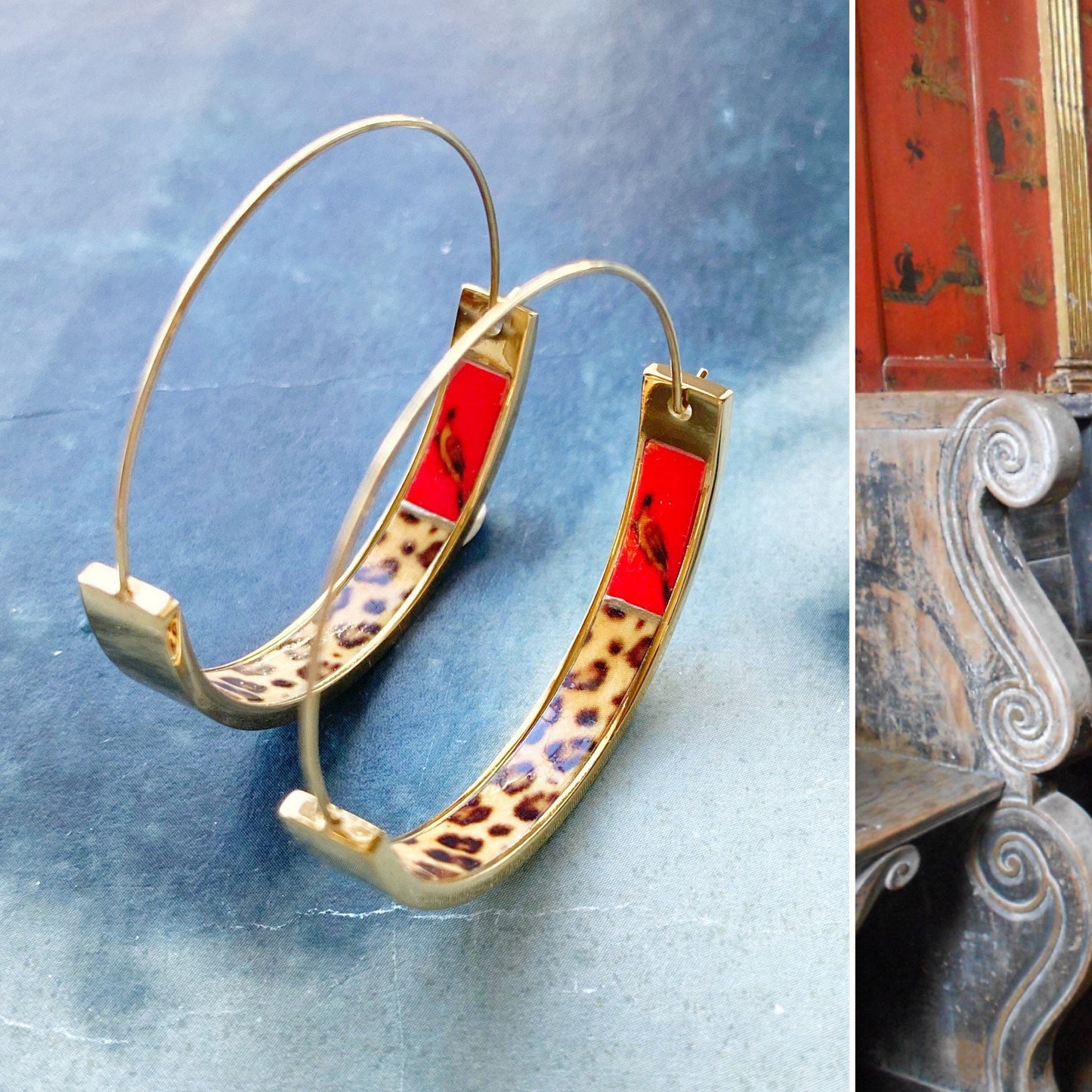 Atrio Hoop Earrings Leopard Chinoiserie Asian Red Fresco Bird Portugal Aveiro Convent Safari Gold Tone Stainless Steel Flat bottom 1.50"
