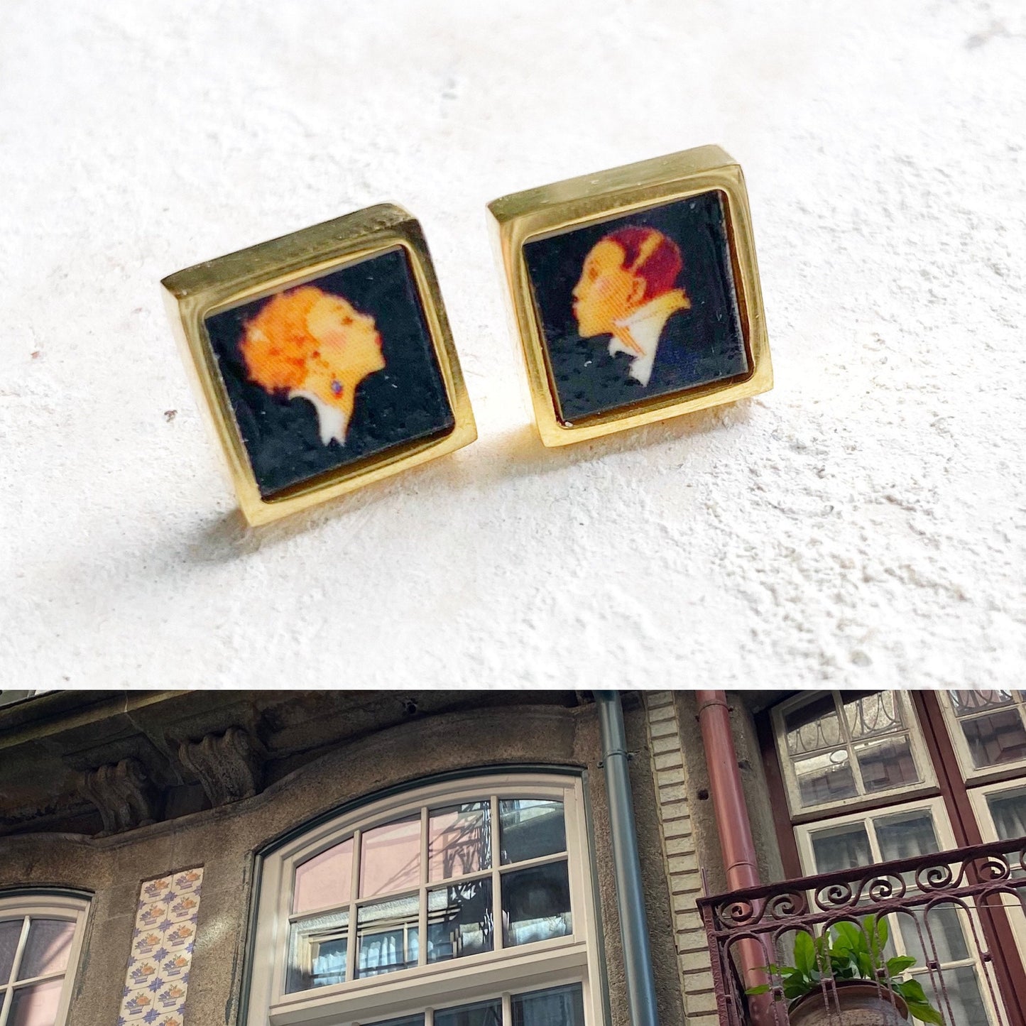 Atrio Earrings Post Stud Portugal THE KISS Cherub 1930's Ramos Pinto Art Nouveau vintage poster by Rene Vincent Stainless Steel Gold tone