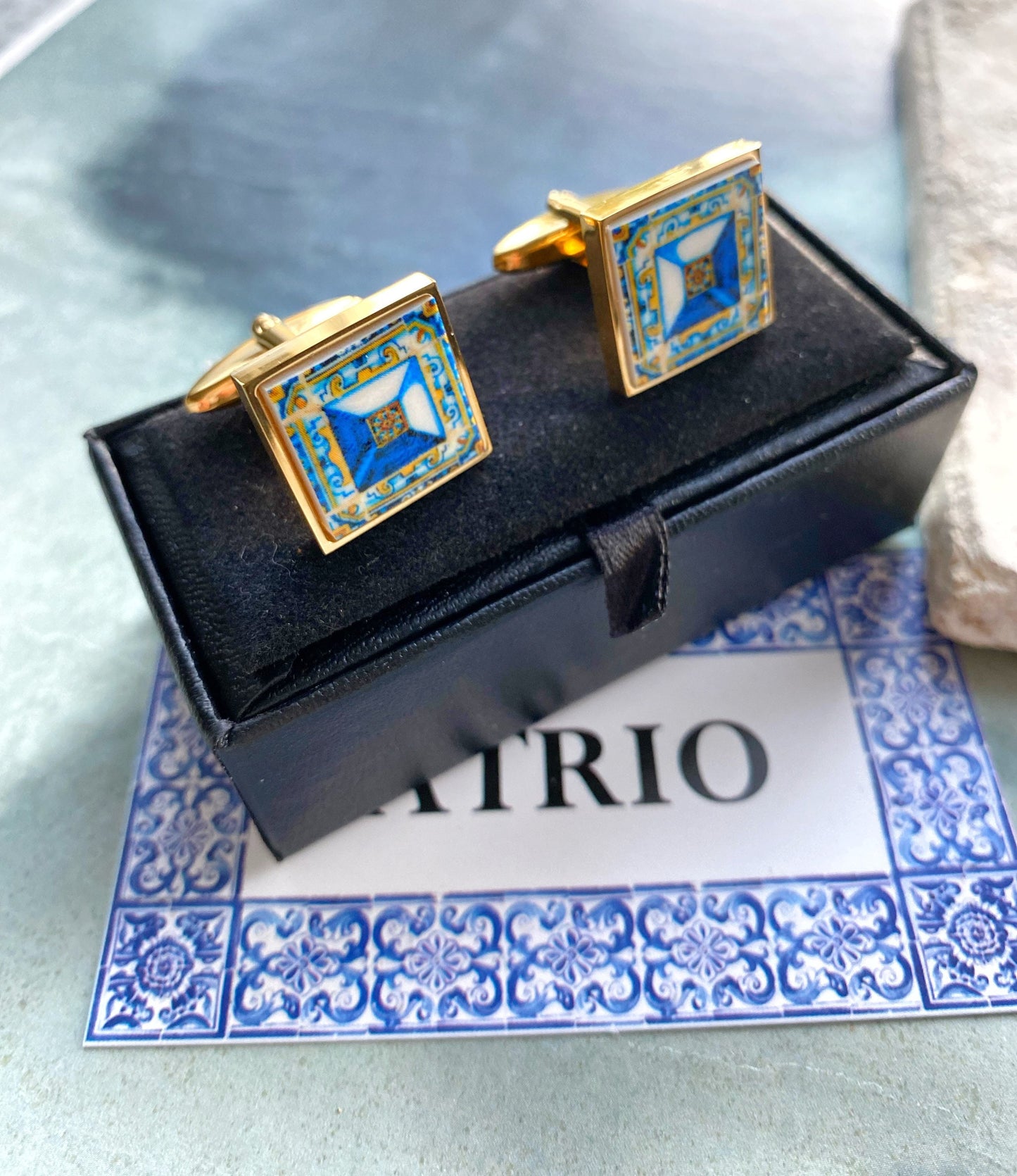 Atrio CUFF LINKS Tile Men's Gift Portugal Groom Azulejo Antique 17th Century Tomar Santa Iria Church Diamond Point Gold Stainless Steel