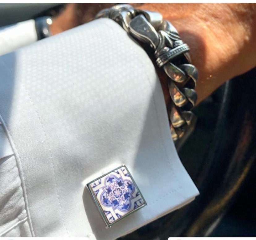 Atrio CUFF LINKS Tile Men's Gift Portugal Groom Azulejo Antique 17th Century Tomar Santa Iria Church Diamond Point Gold Stainless Steel