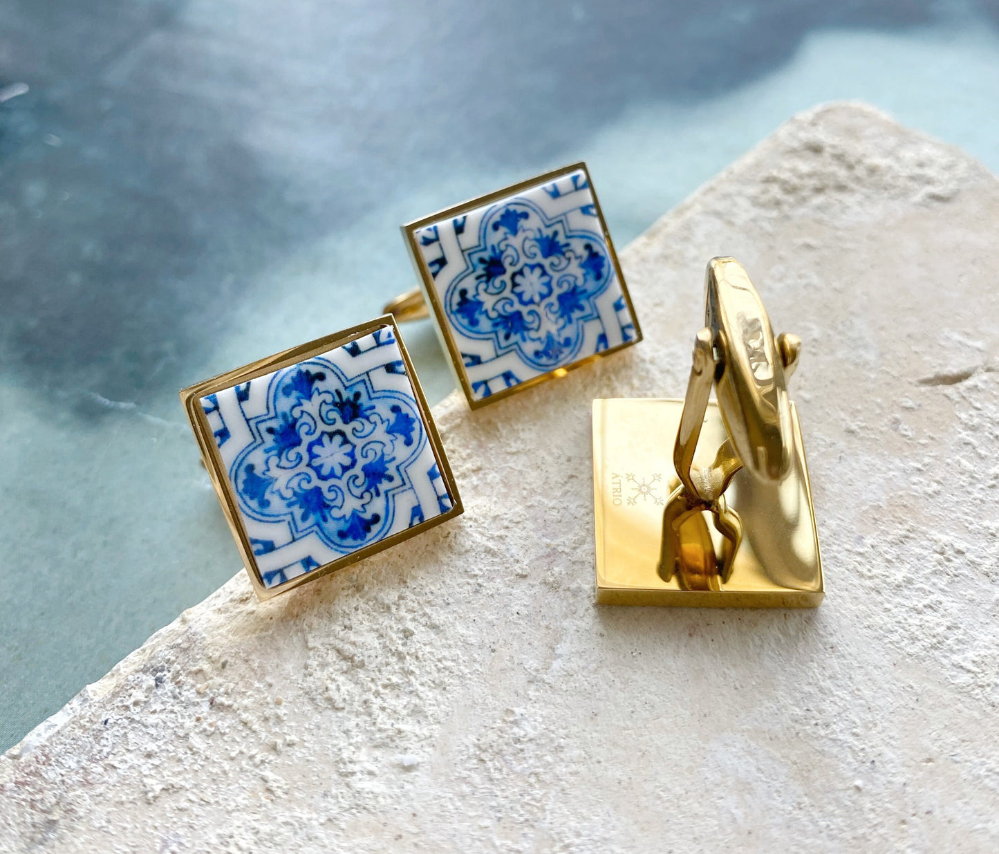 Cuff Links Men Portugal Tile Atrio Azulejo Majolica, AvEIRO Blue Gift Box Included Groom Wedding Formal wear Gold or Silver Stainless