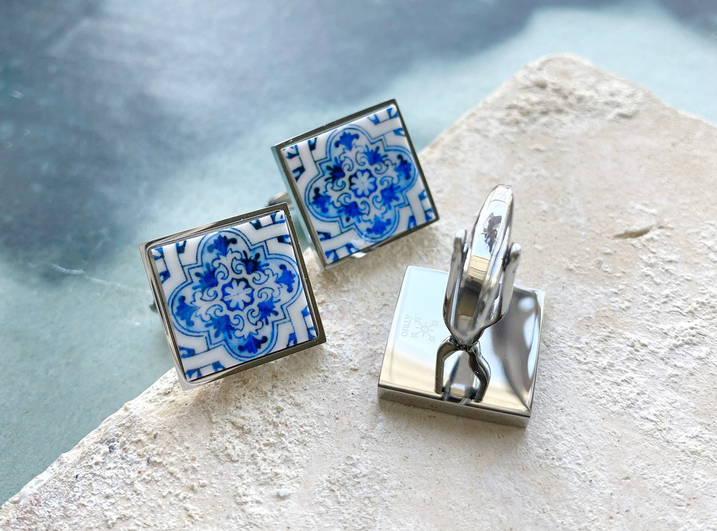 Cuff Links Men Portugal Tile Atrio Azulejo Majolica, AvEIRO Blue Gift Box Included Groom Wedding Formal wear Gold or Silver Stainless