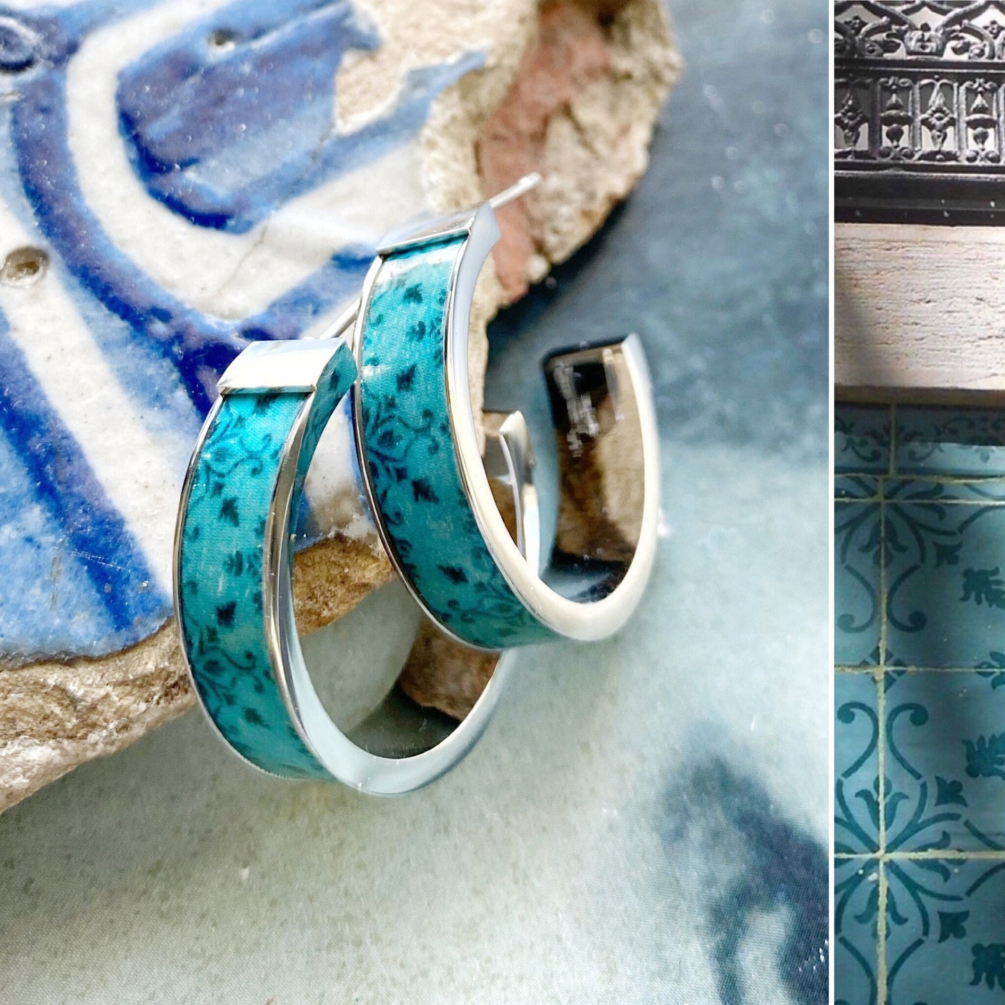 Earrings ATRIO Hoops Post Tile Portugal Teal Green Stainless Steel Antique Azulejo - Turquoise Minimal Ships from USA Gold or Silver 1"