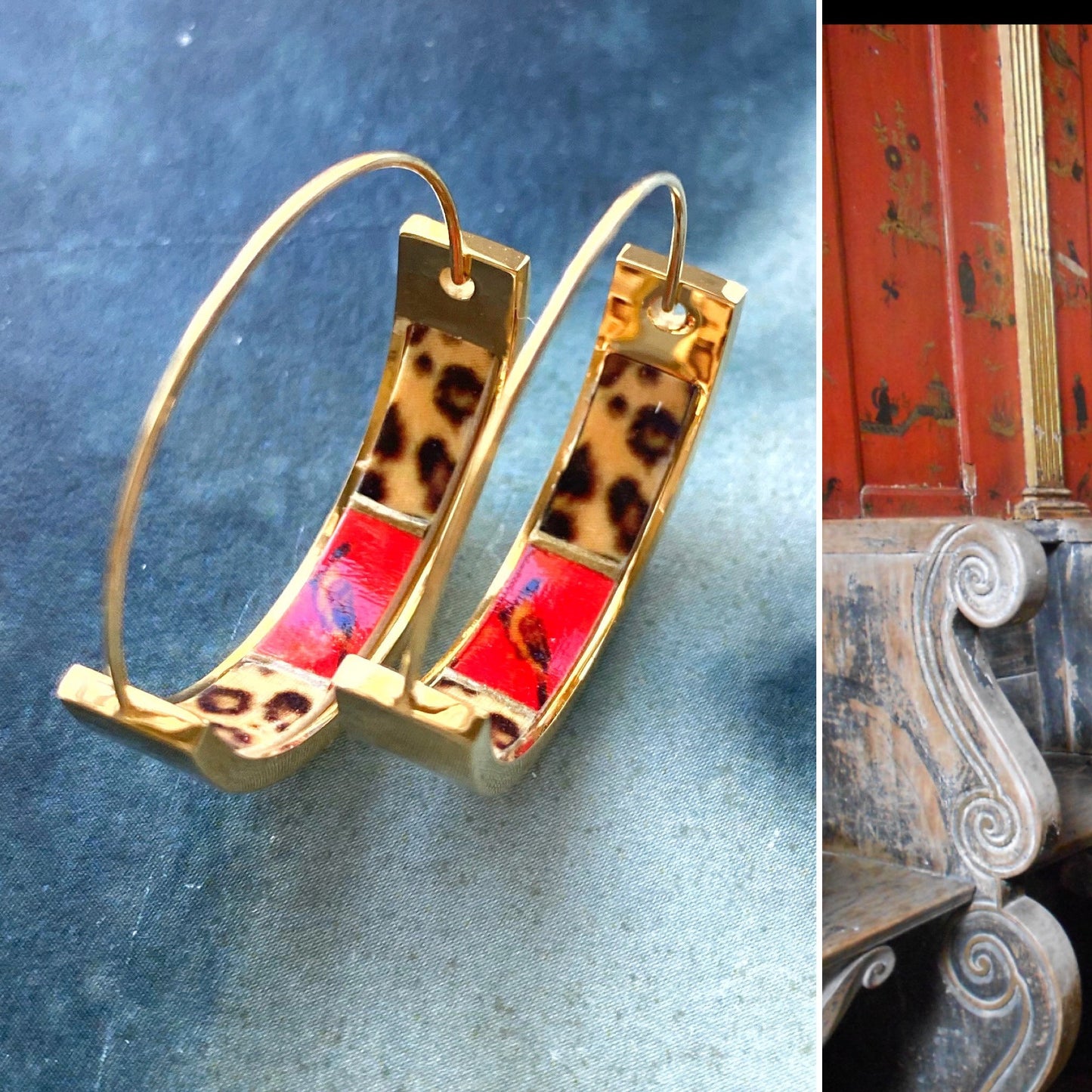 Atrio Hoop Earrings Leopard Chinoiserie Asian Red Fresco Bird Portugal Aveiro Convent Safari Gold Tone Stainless Steel Flat bottom 1"