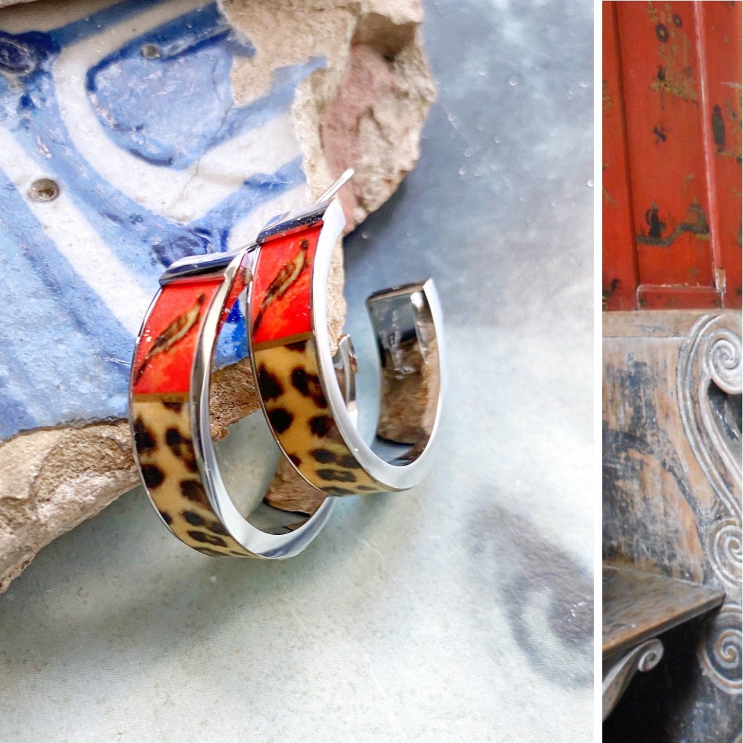 Atrio Hoop Earrings Post Leopard Chinoiserie Asian Red Fresco Bird Portugal Aveiro Convent Safari Stainless Steel 1" Gold or Silver