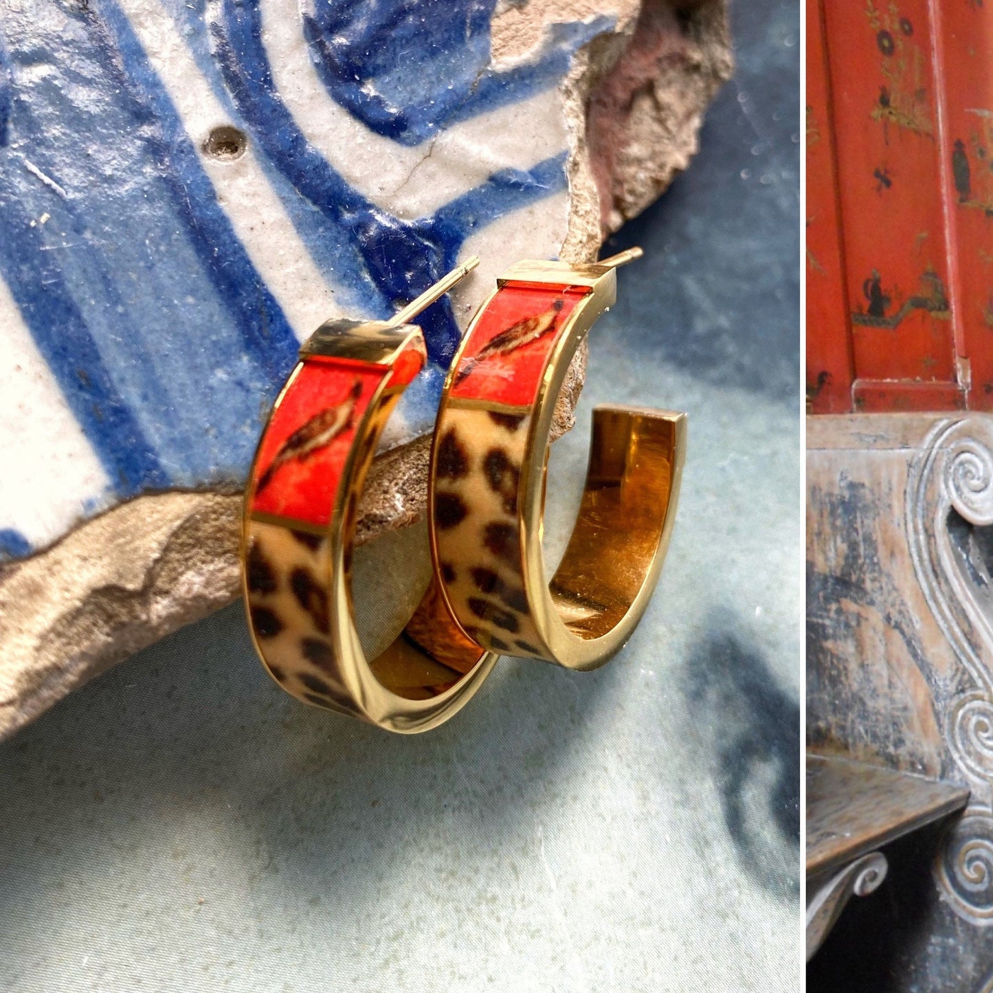 Atrio Hoop Earrings Post Leopard Chinoiserie Asian Red Fresco Bird Portugal Aveiro Convent Safari Stainless Steel 1" Gold or Silver