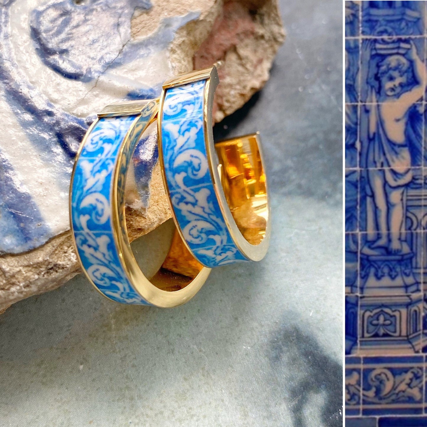 Atrio Small Hoop Earrings Portugal Tile Stainless Steel Azulejo 1" Évora Chapel of the Bones 16th Century Post USA Shipping Gold or Silver