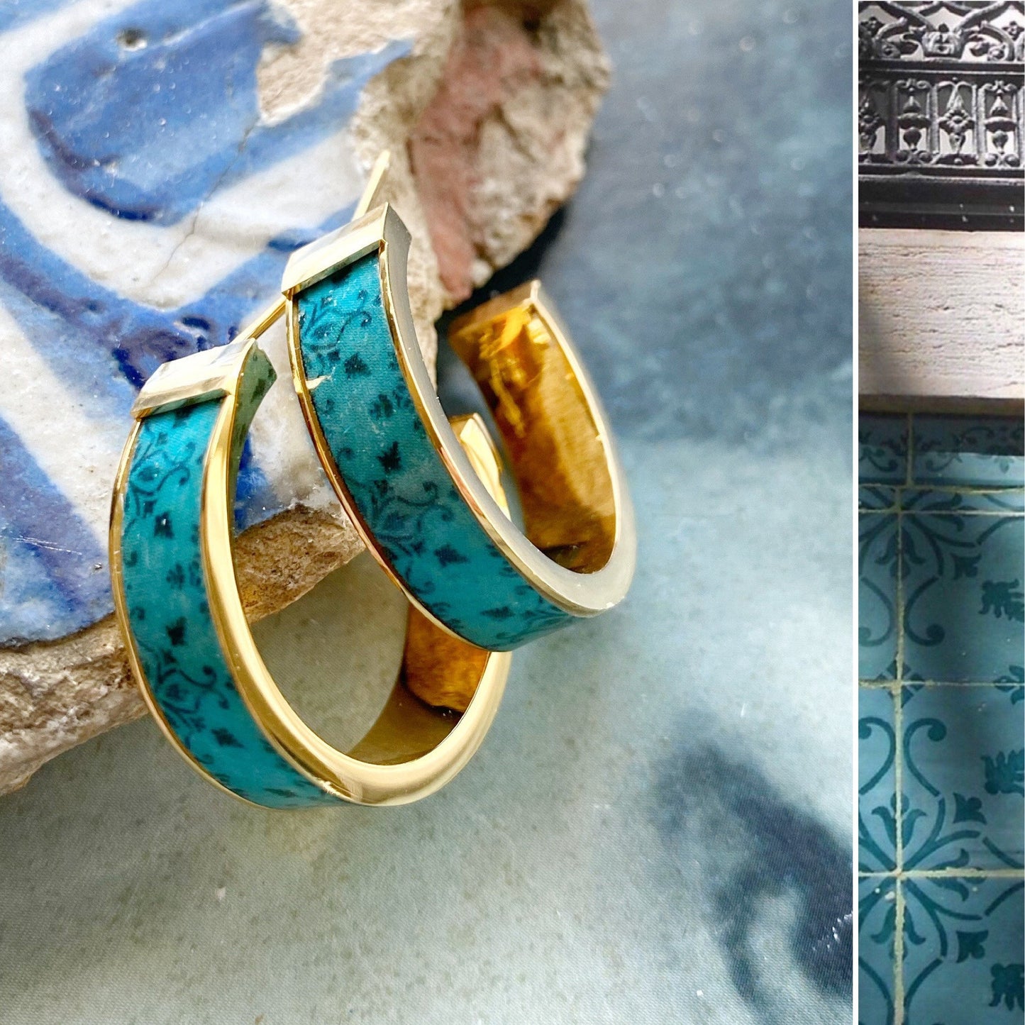 Earrings ATRIO Hoops Post Tile Portugal Teal Green Stainless Steel Antique Azulejo - Turquoise Minimal Ships from USA Gold or Silver 1"