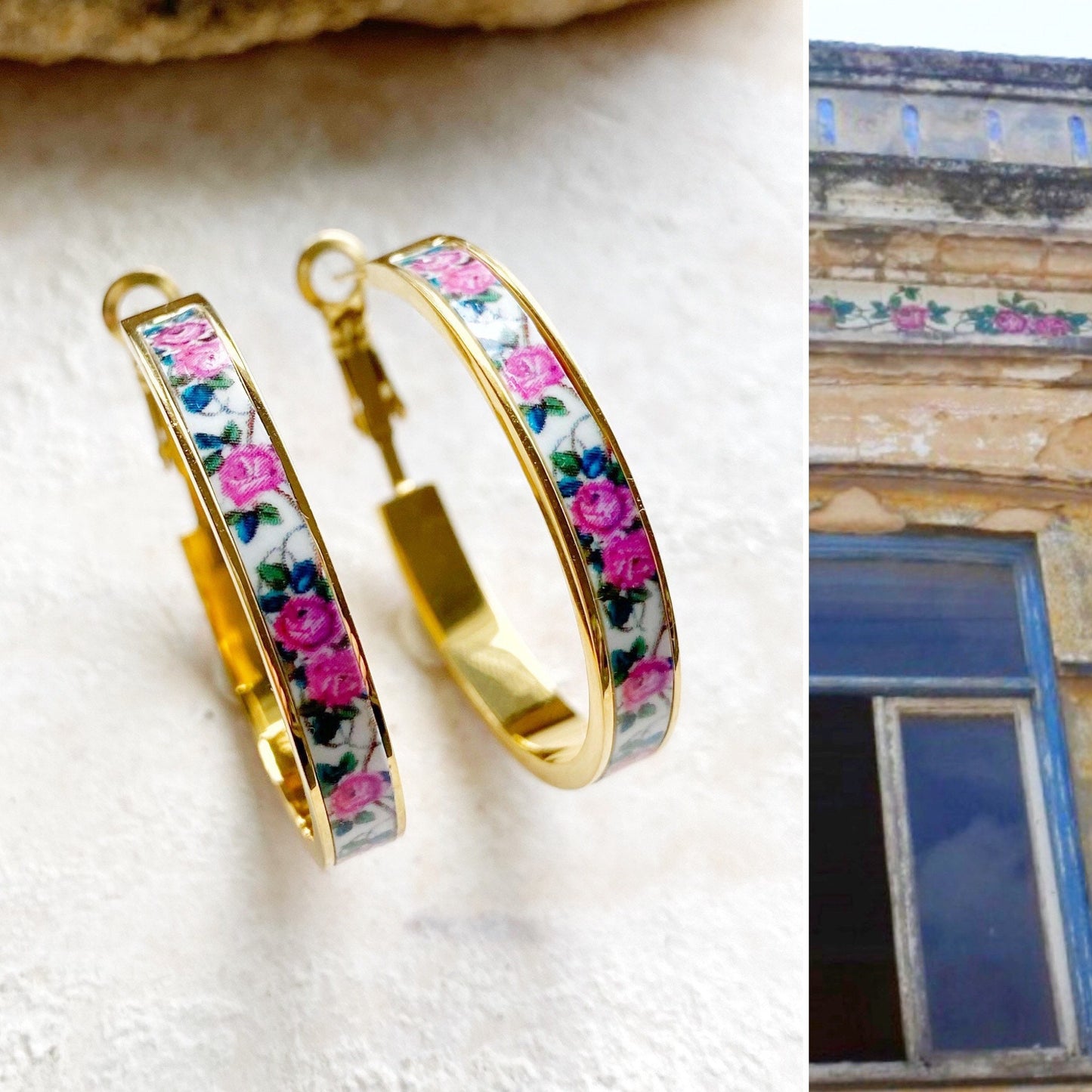 HOOPS Earrings Atrio Tile Portugal Rose Tiles abandoned building Portuguesa Gold or Silver Stainless Steel Azulejo 1.25” Ships from USA