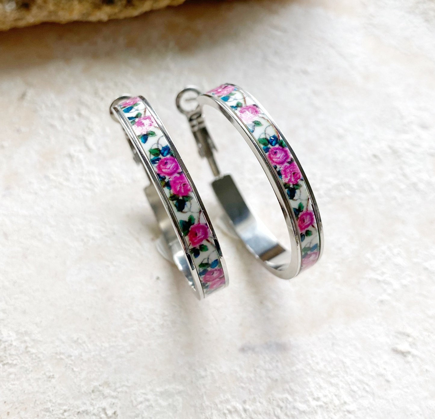 HOOPS Earrings Atrio Tile Portugal Rose Tiles abandoned building Portuguesa Gold or Silver Stainless Steel Azulejo 1.25” Ships from USA