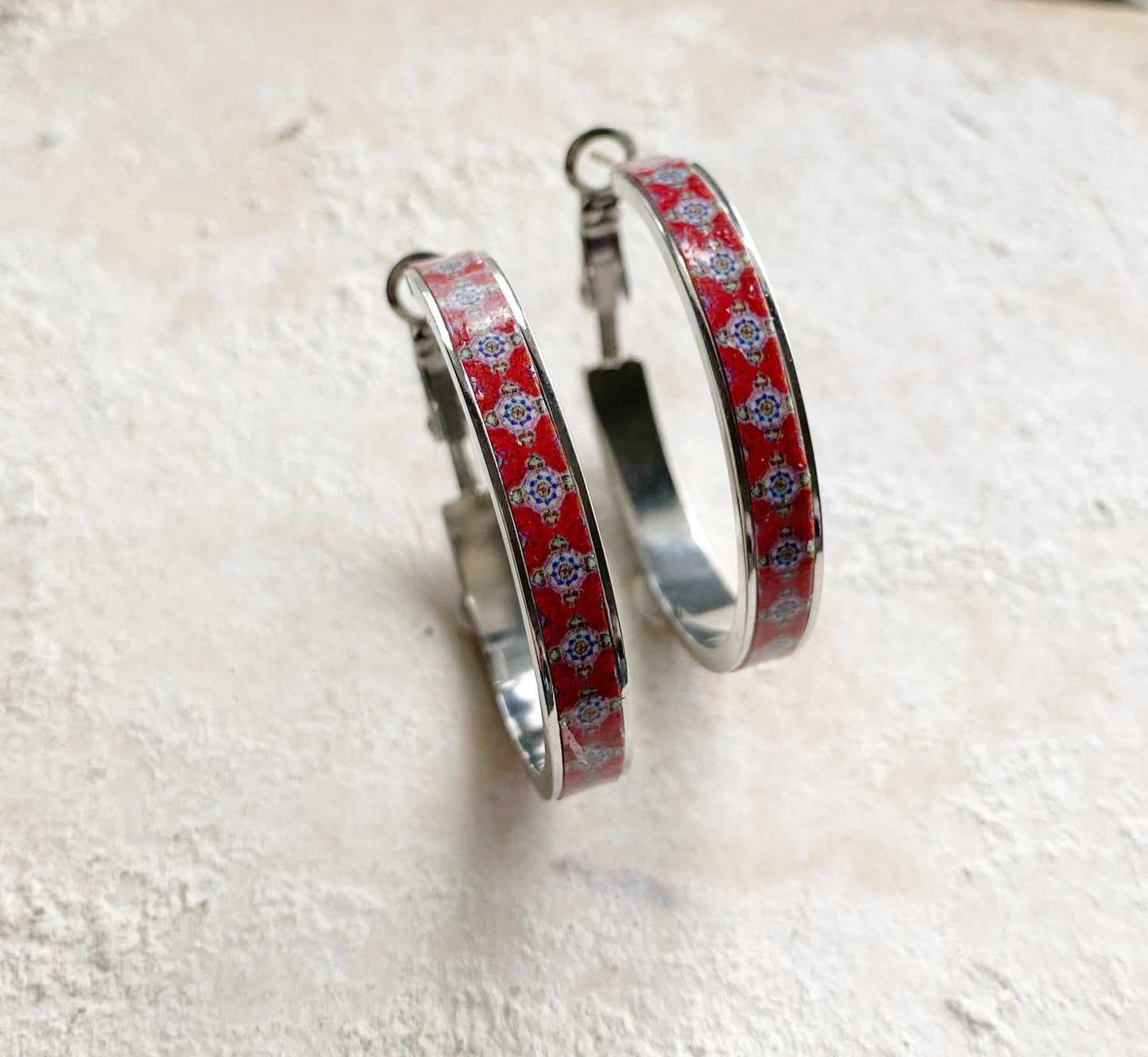 Hoops Atrio Earrings Red Tile Portugal Antique Azulejo - 1.25" Ships from USA Gold or Silver Stainless Steel