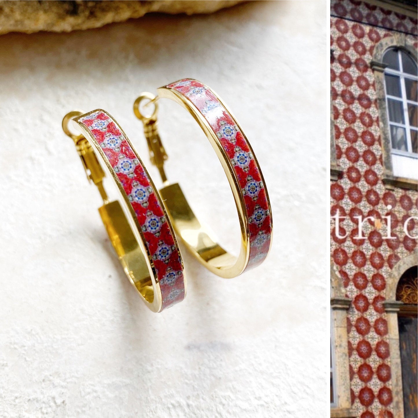 Hoops Atrio Earrings Red Tile Portugal Antique Azulejo - 1.25" Ships from USA Gold or Silver Stainless Steel