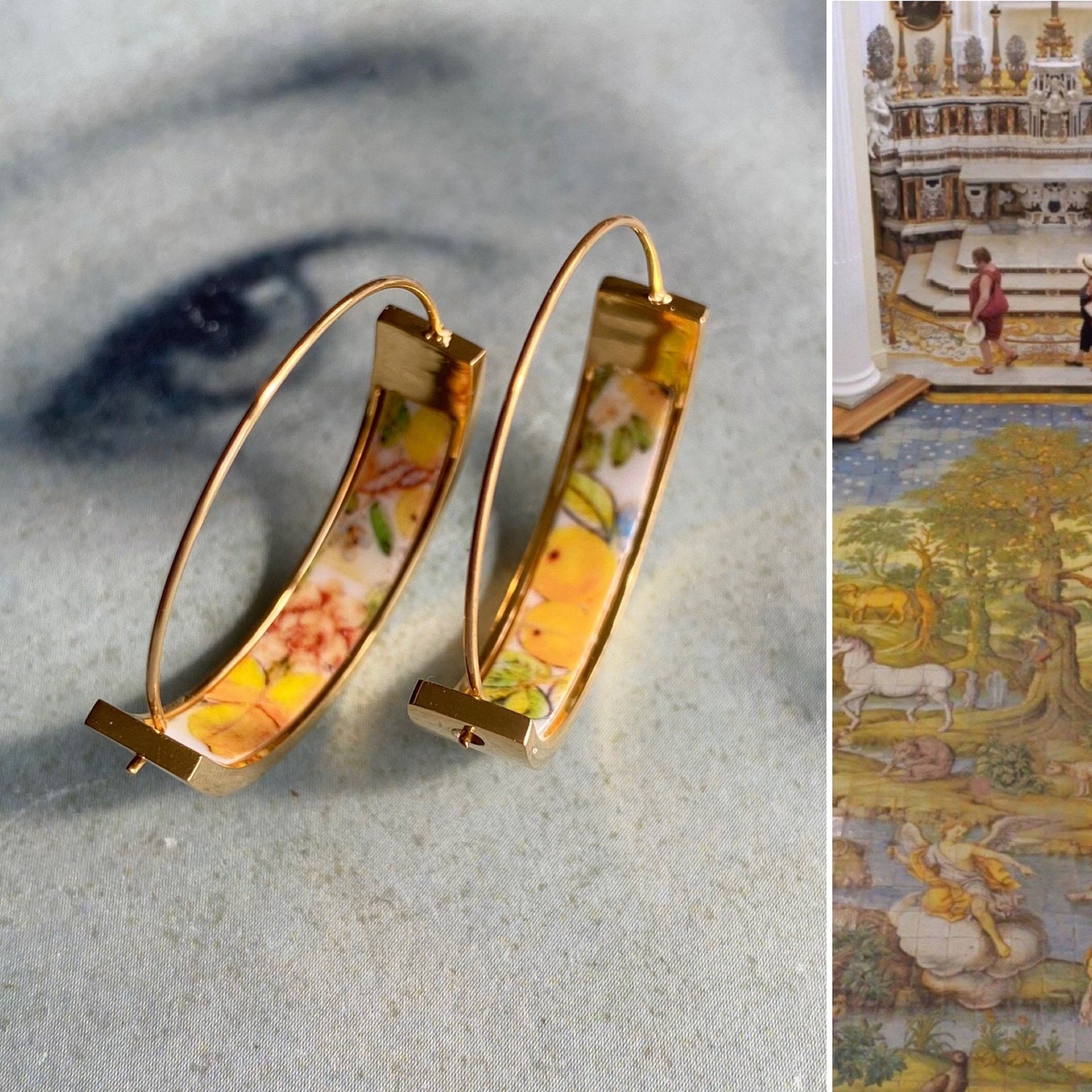 Atrio Hoops Earrings Capri Italy Italian LEMONS Church of St. Michael Anacapri 1761 Maoilica Majolica 1" Stainless Steel Hypoallergenic