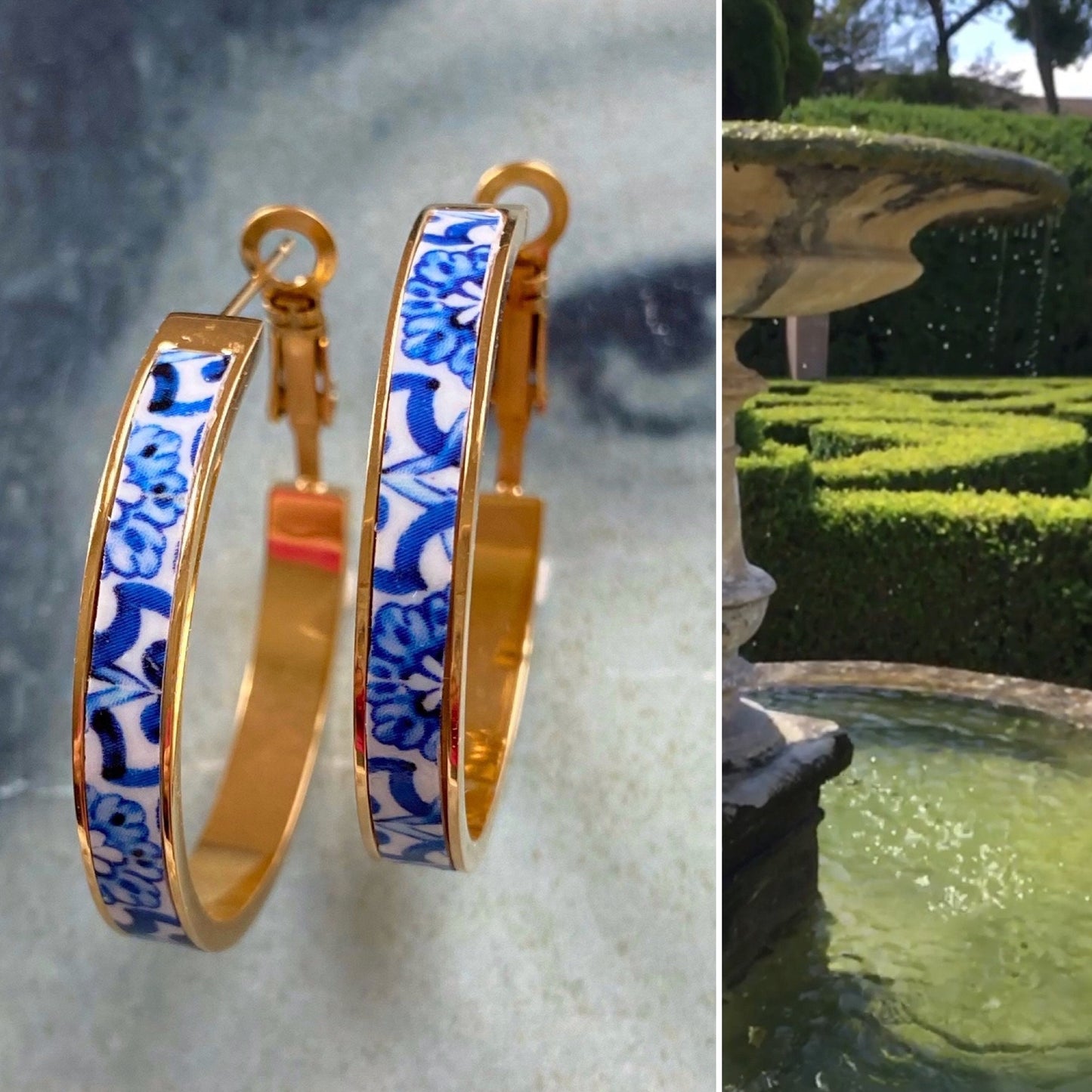 Atrio Hoop Earrings Hoops Tiles Quinta da Bacalhôa Azeitão Portugal Majolica Stainless Steel Hypoallergenic 1.25" Gift for Her Blue White