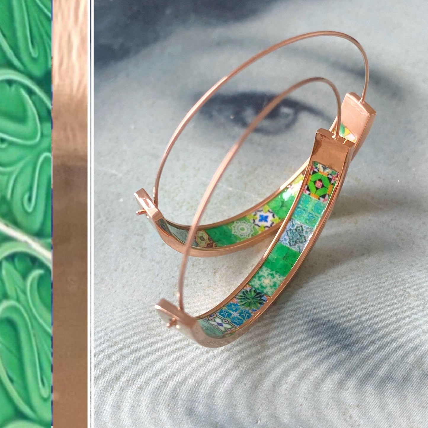 Hoops Earrings Atrio Hoop Tile Portugal Stainless Steel Antique Azulejo - 1.50" Green Tiles Ships from USA Hypo allergenic Rose Gold