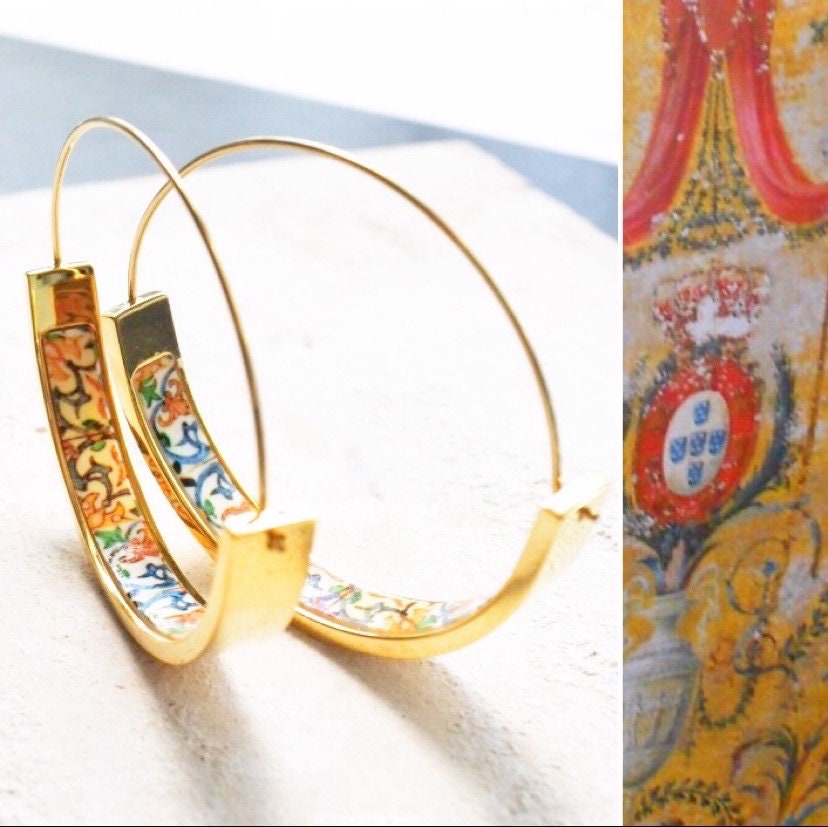 HOOP Earrings ATRIO Portugal Tile Antique Azulejo Pinterest CoIMBRA 1590 - Stainless Steel 1.50" Gift Box Included - Ships from USA