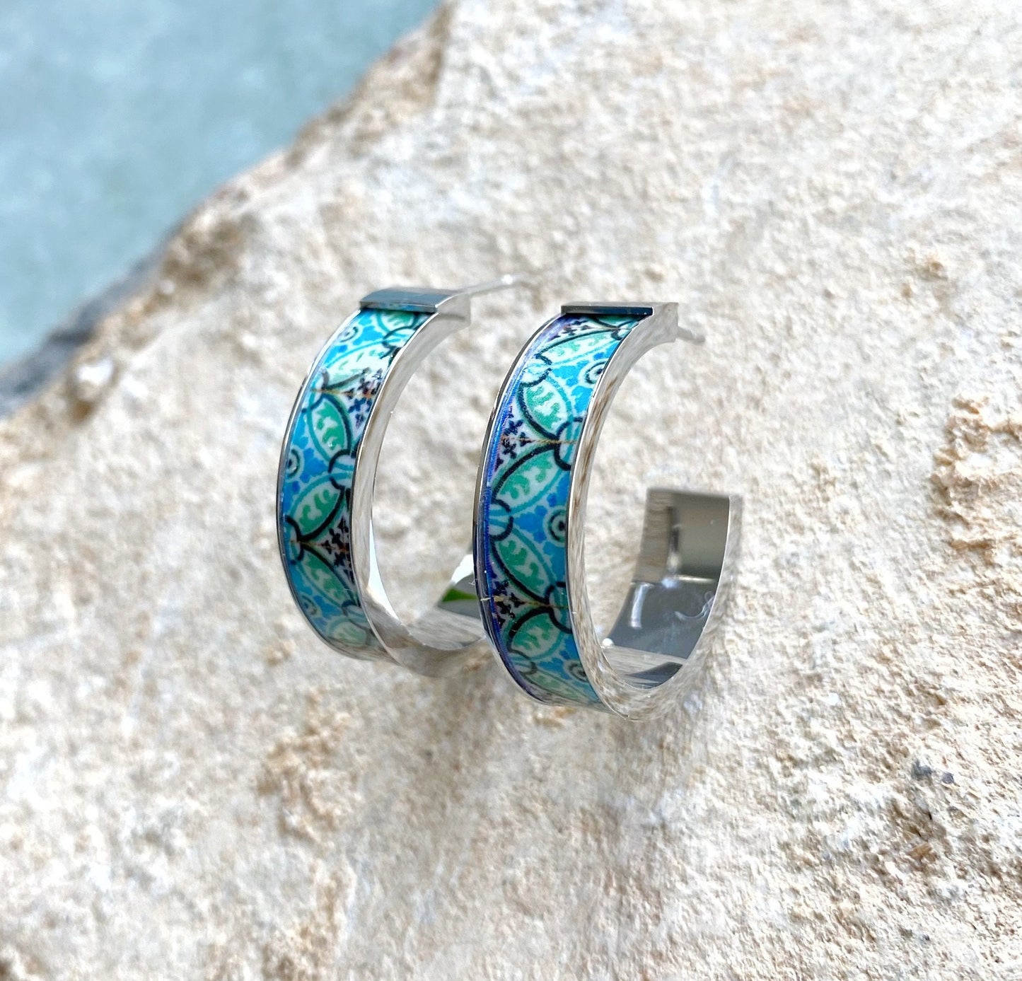 Earrings ATRIO Hoops Post Tile Portugal Sage Green Stainless Steel Antique Azulejo - Turquoise Minimal Ships from USA Gold or Silver 1"